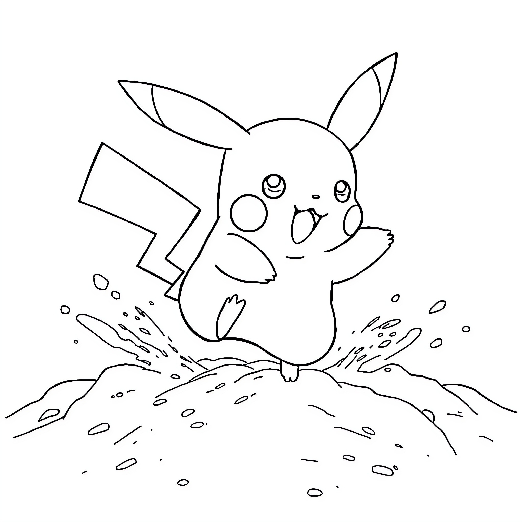 Pikachu playing in the snow Coloring Page (free black-and-white line drawing printable PDF for all, from beginners to advanced learners, including children, teens, adults, and seniors)