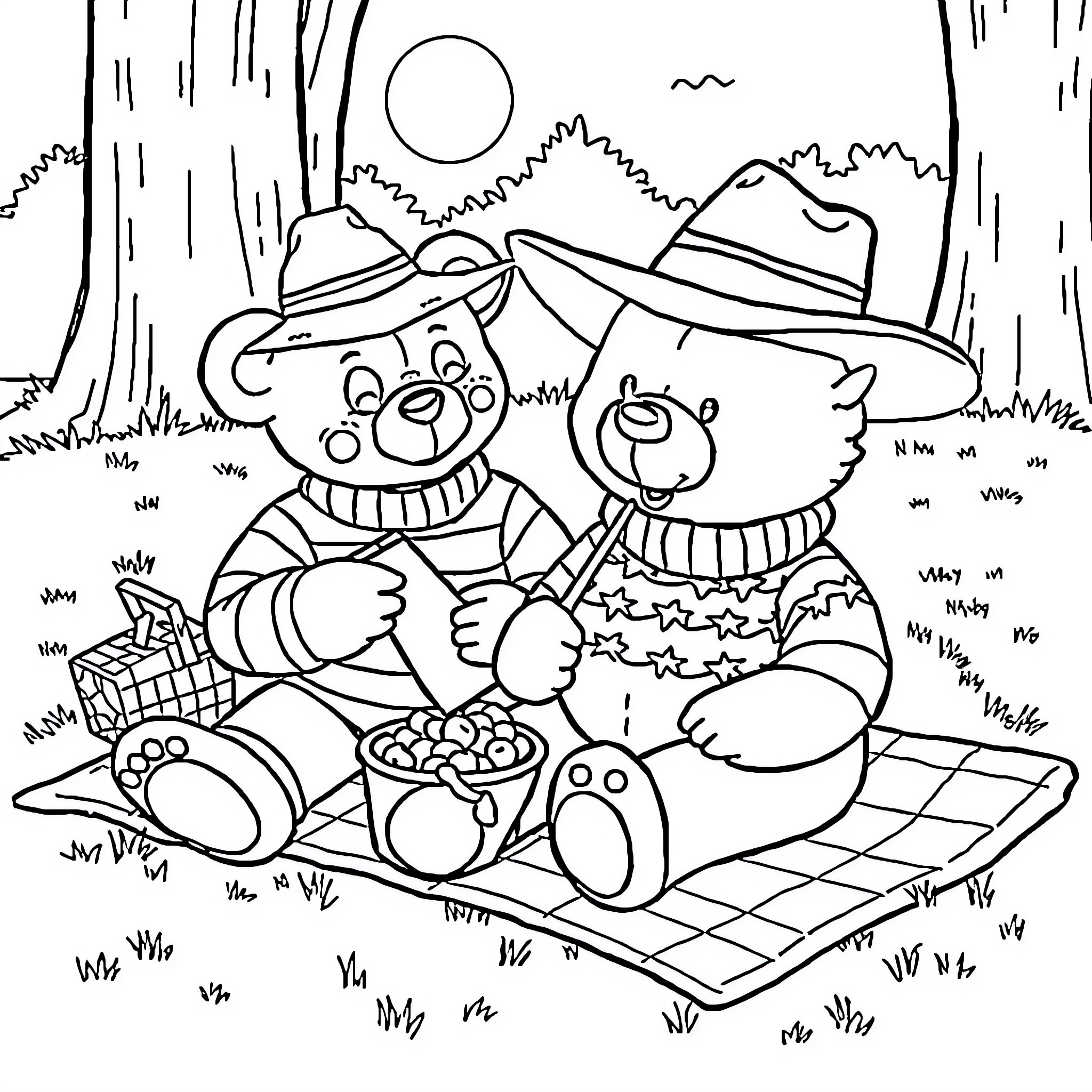 Teddy Bears Enjoying a Picnic in the Outdoors Coloring Page (free black-and-white line drawing printable PDF for all, from beginners to advanced learners, including children, teens, adults, and seniors)
