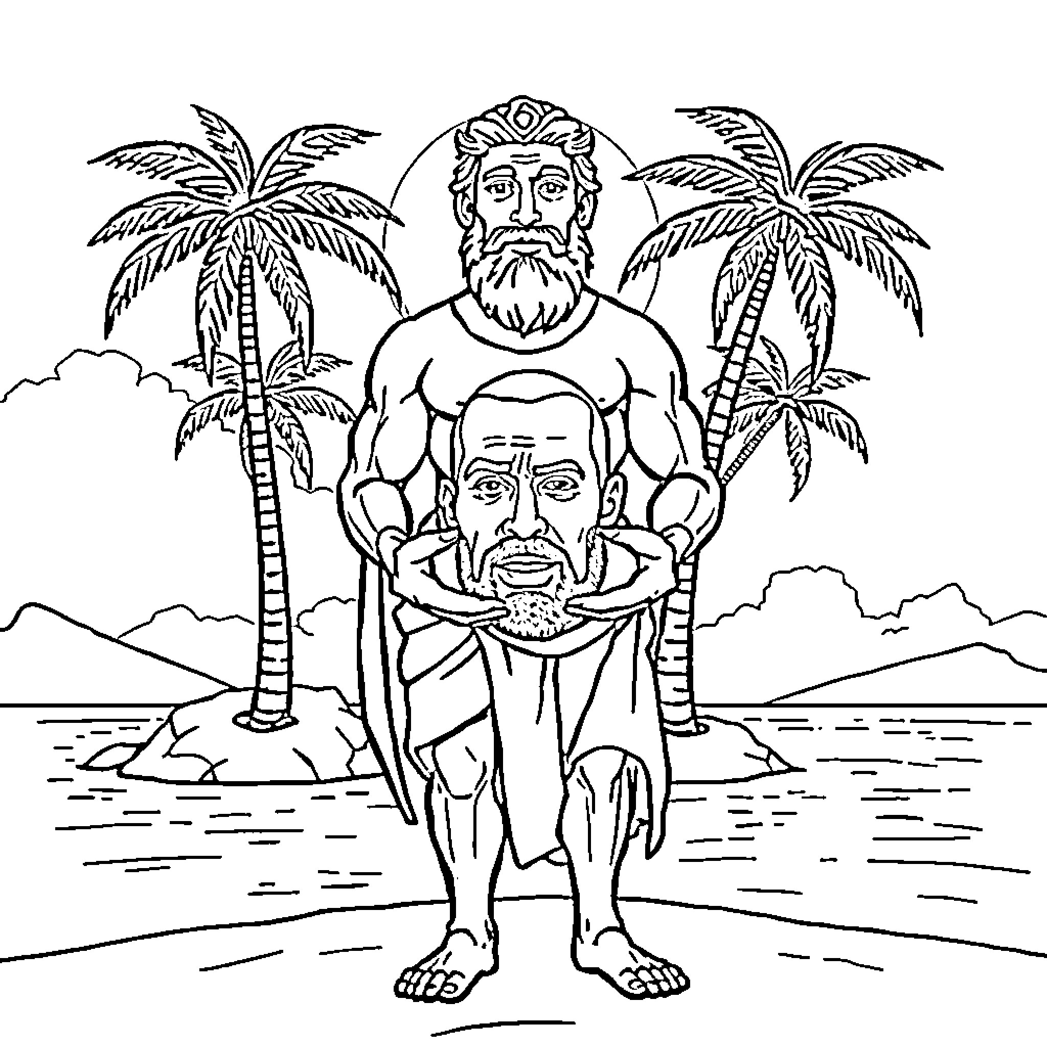 Aesop's Island Adventure with Mythical Characters Coloring Page (free black-and-white line drawing printable PDF for all, from beginners to advanced learners, including children, teens, adults, and seniors)