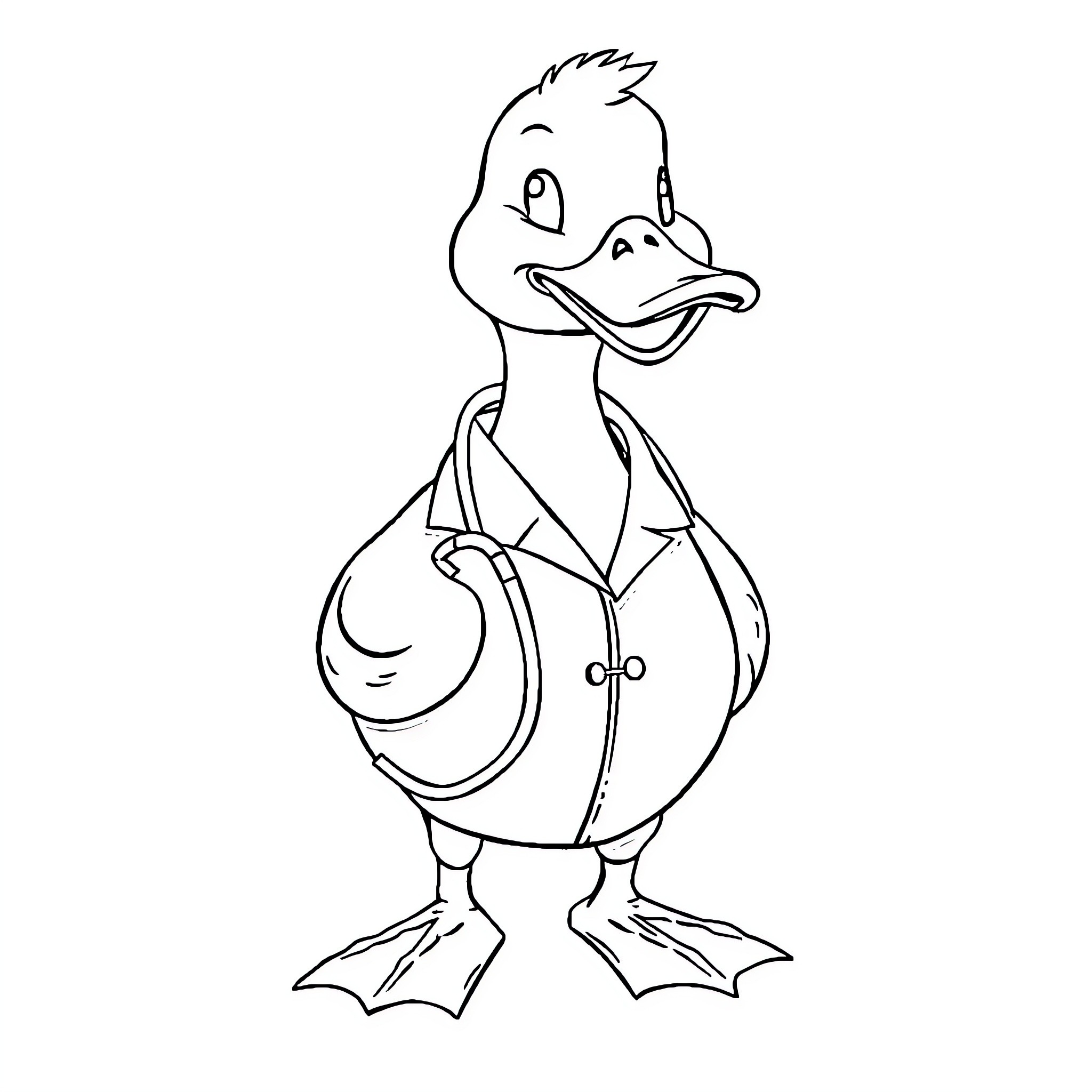 Duck dressed in clothing and posing Coloring Page (free black-and-white line drawing printable PDF for all, from beginners to advanced learners, including children, teens, adults, and seniors)