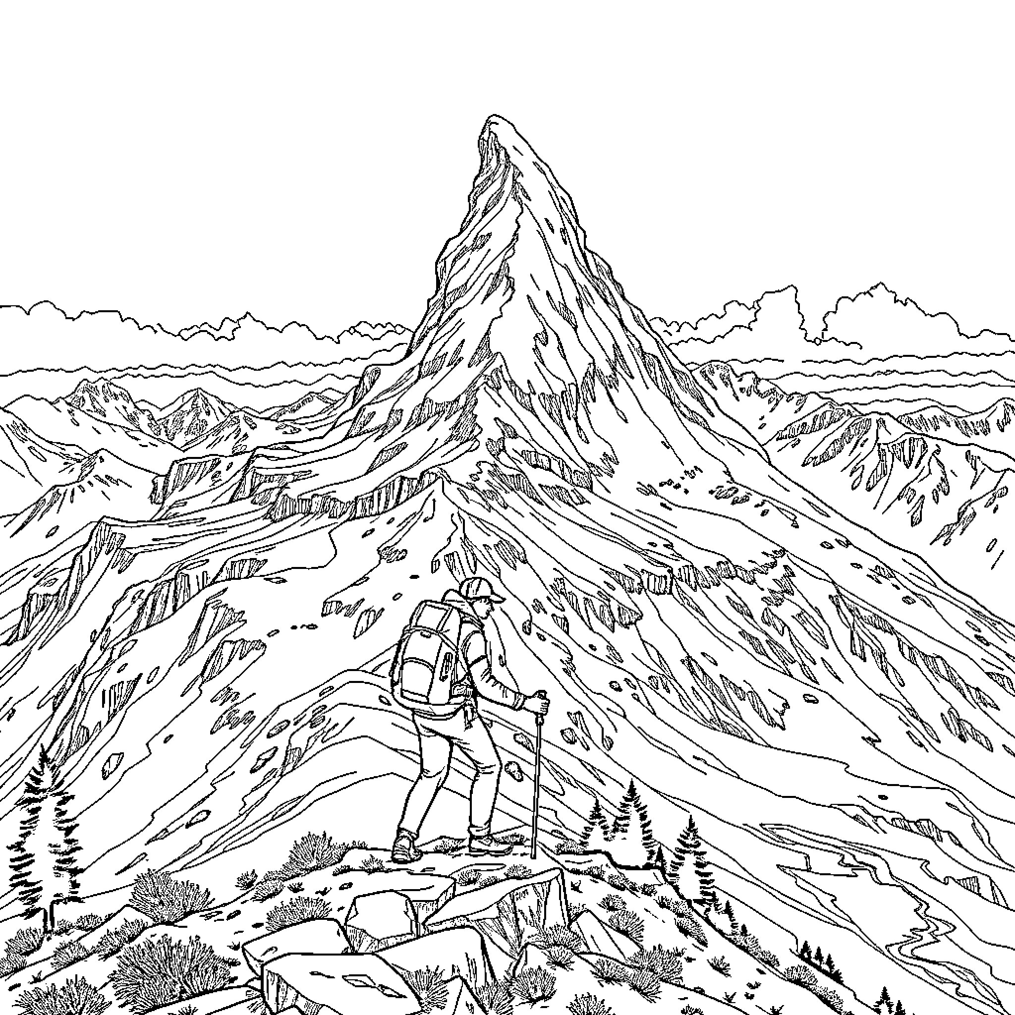 Hiker exploring the majestic mountain landscape Coloring Page (free black-and-white line drawing printable PDF for all, from beginners to advanced learners, including children, teens, adults, and seniors)
