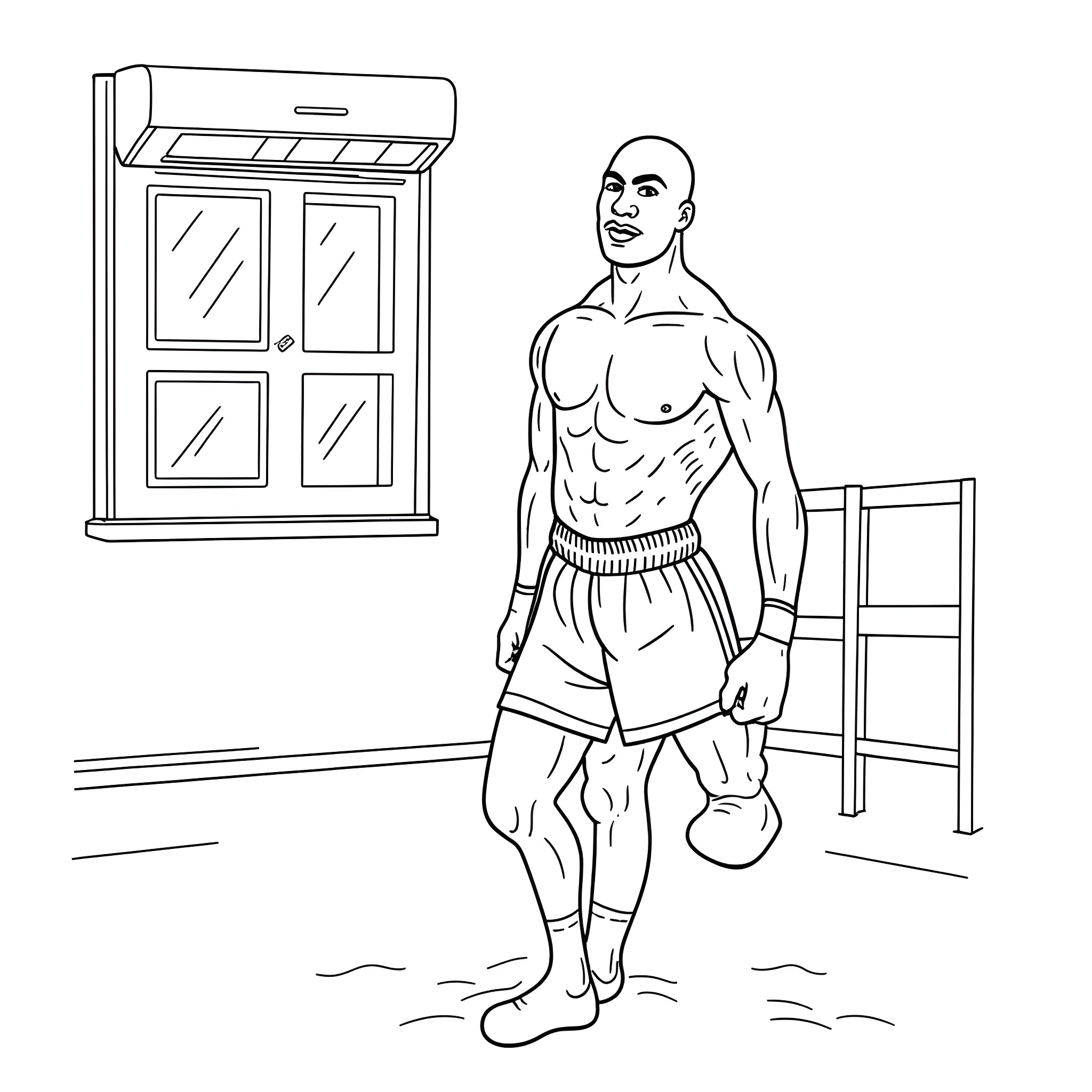 Mike Tyson in boxing stance near window Coloring Page (free black-and-white line drawing printable PDF for all, from beginners to advanced learners, including children, teens, adults, and seniors)