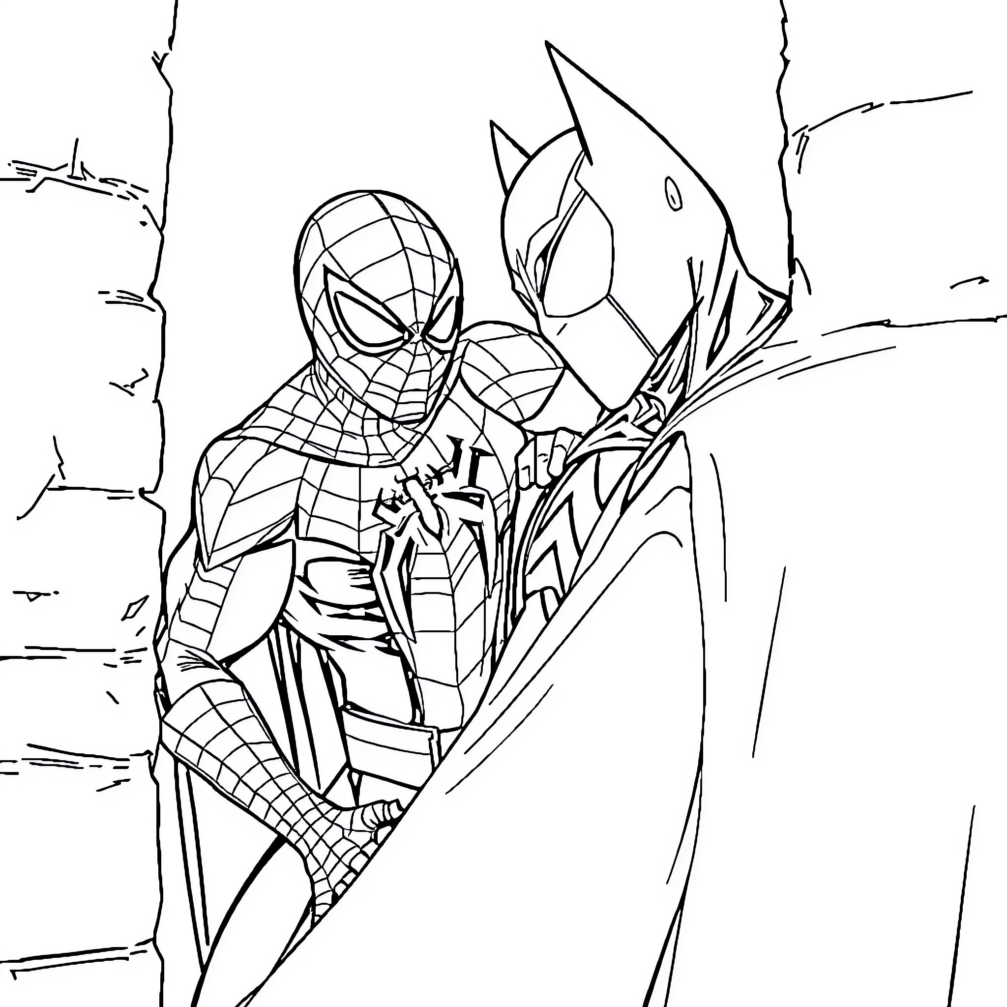 Spider-Man battling a villain in the city Coloring Page (free black-and-white line drawing printable PDF for all, from beginners to advanced learners, including children, teens, adults, and seniors)