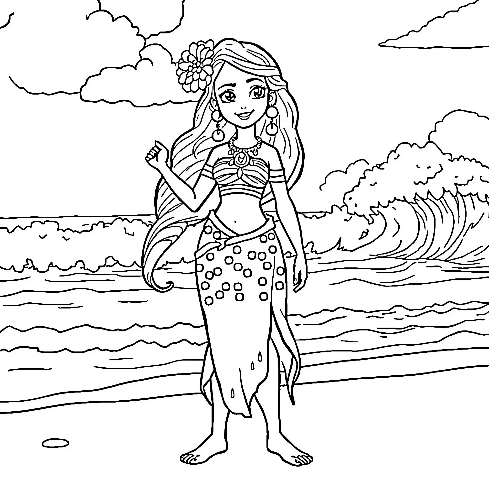 Vaiana exploring the ocean with joy and wonder Coloring Page (free black-and-white line drawing printable PDF for all, from beginners to advanced learners, including children, teens, adults, and seniors)