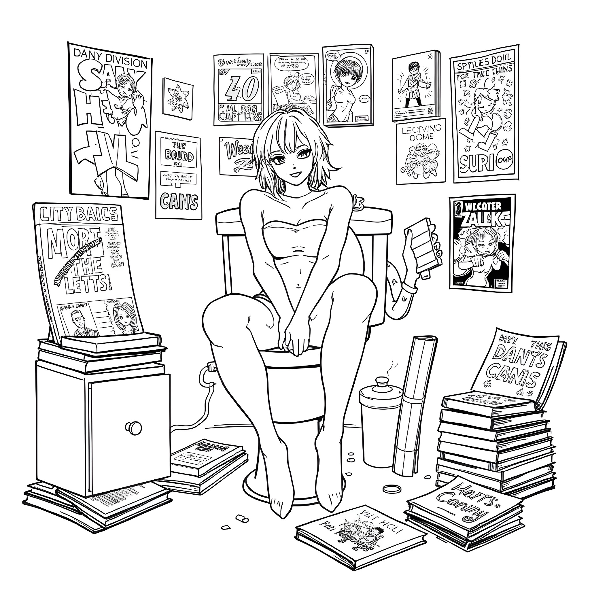 Dany enjoys a casual moment amidst her comic book collection Coloring Page (free black-and-white line drawing printable PDF for all, from beginners to advanced learners, including children, teens, adults, and seniors)