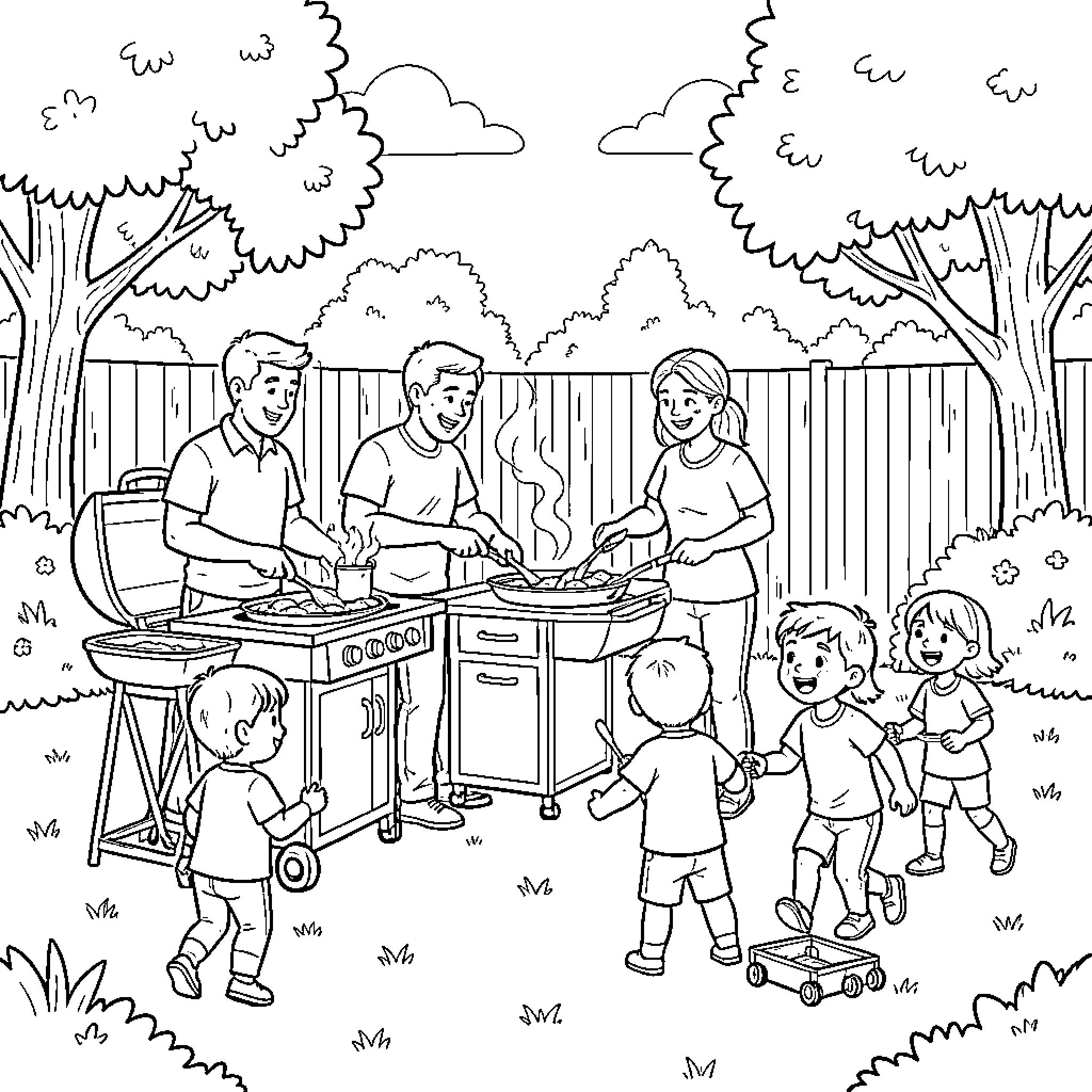 Family enjoying a backyard barbecue together Coloring Page (free black-and-white line drawing printable PDF for all, from beginners to advanced learners, including children, teens, adults, and seniors)