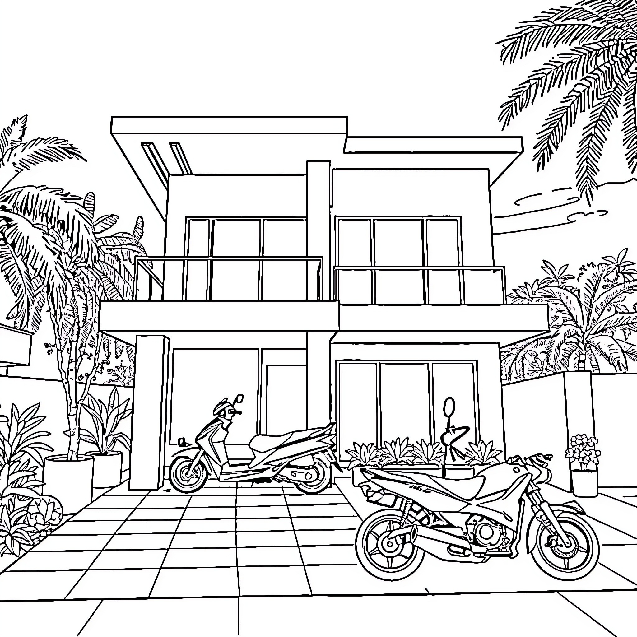 House with motorcycles parked outside tropical environment Coloring Page (free black-and-white line drawing printable PDF for all, from beginners to advanced learners, including children, teens, adults, and seniors)