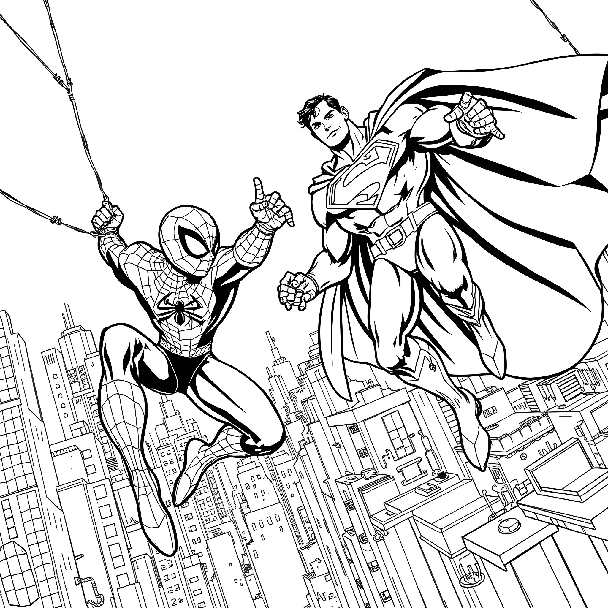 Spiderman and superhero duo in action over city skyline Coloring Page (free black-and-white line drawing printable PDF for all, from beginners to advanced learners, including children, teens, adults, and seniors)