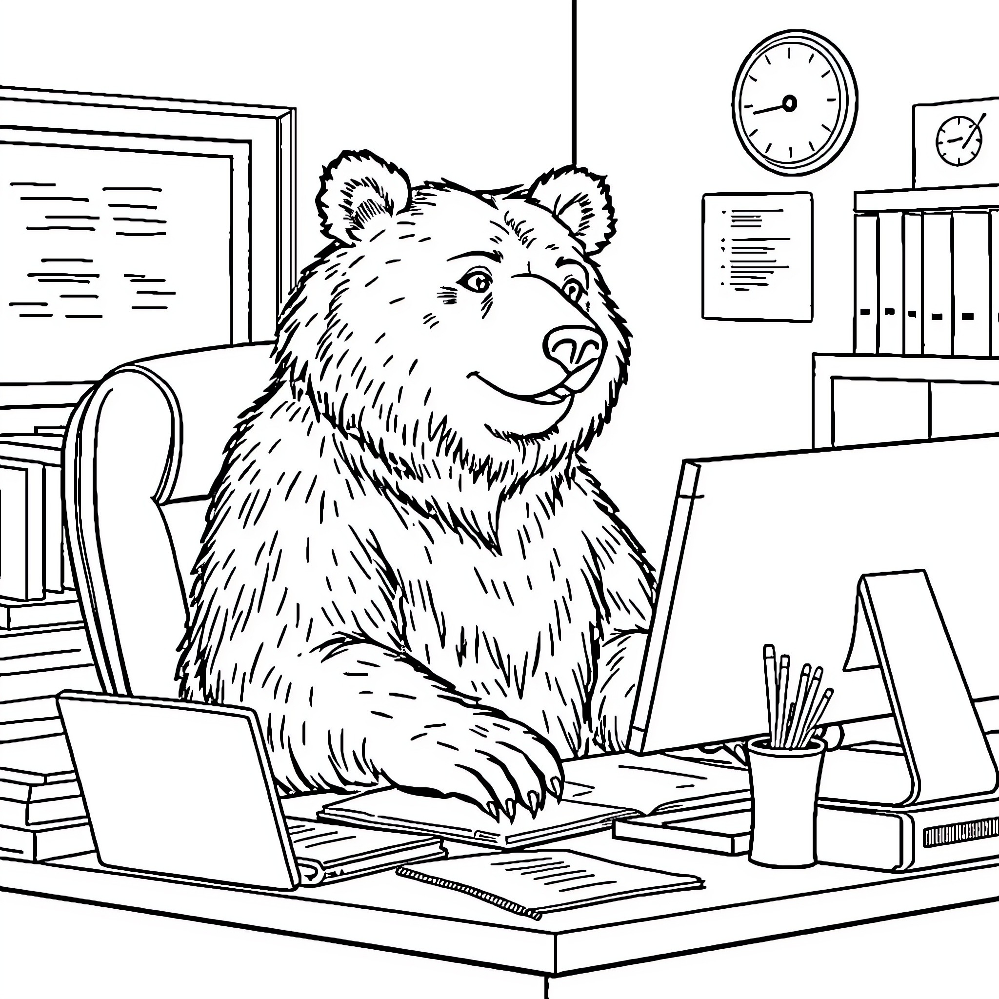 Bear Working Hard at Computer in Office Coloring Page (free black-and-white line drawing printable PDF for all, from beginners to advanced learners, including children, teens, adults, and seniors)