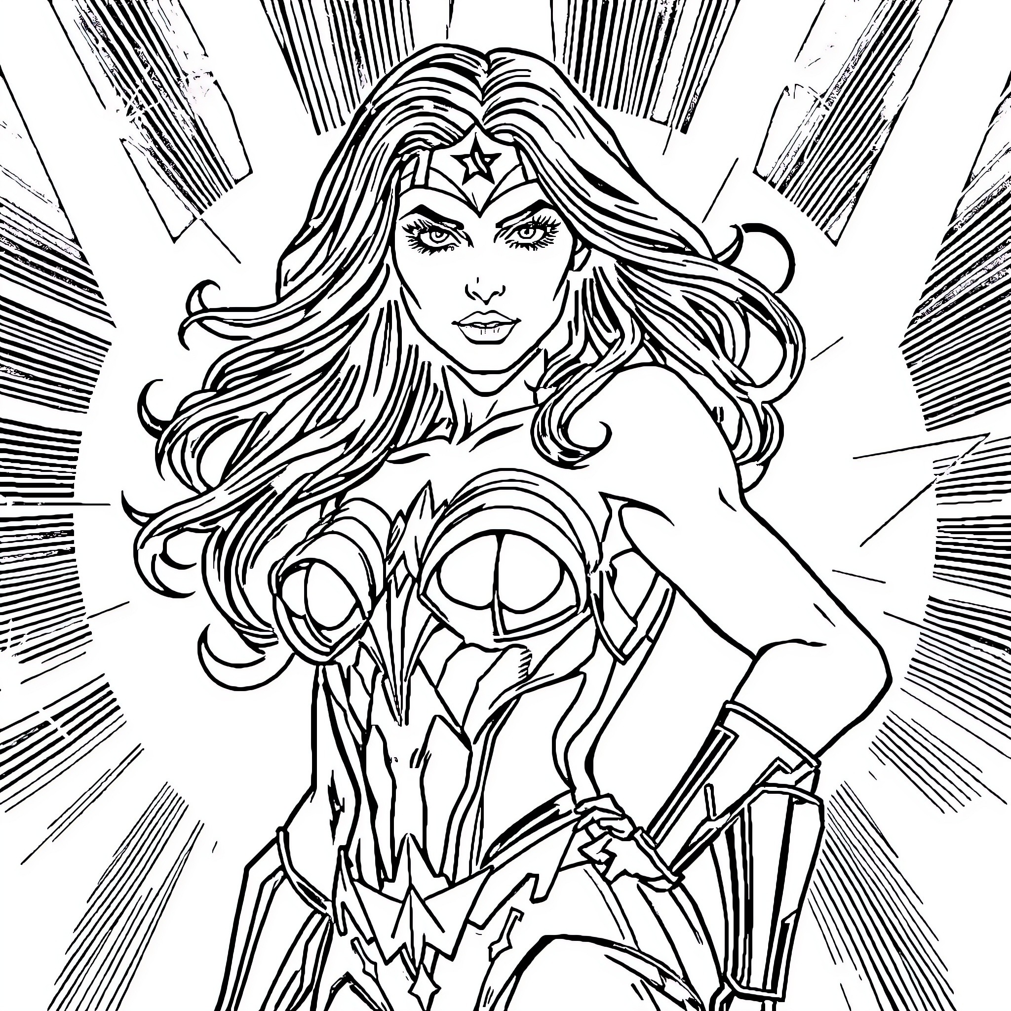 Wonder Woman in action-packed heroic pose Coloring Page (free black-and-white line drawing printable PDF for all, from beginners to advanced learners, including children, teens, adults, and seniors)