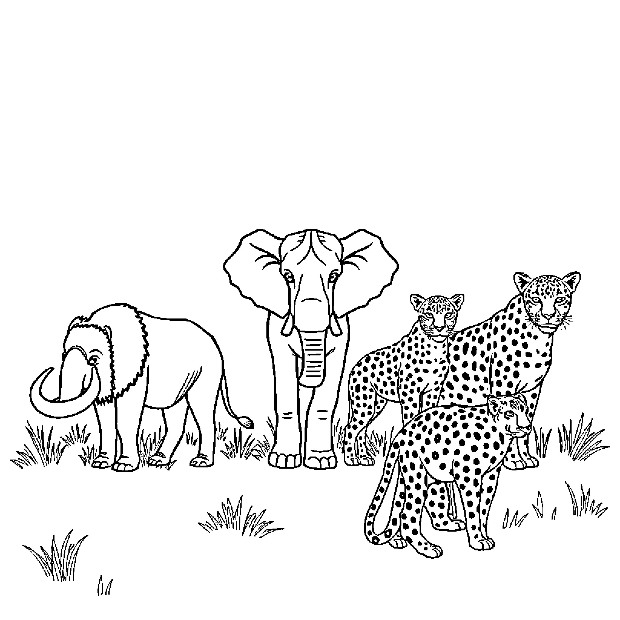 Tier of Wild African Animals in Nature Coloring Page (free black-and-white line drawing printable PDF for all, from beginners to advanced learners, including children, teens, adults, and seniors)