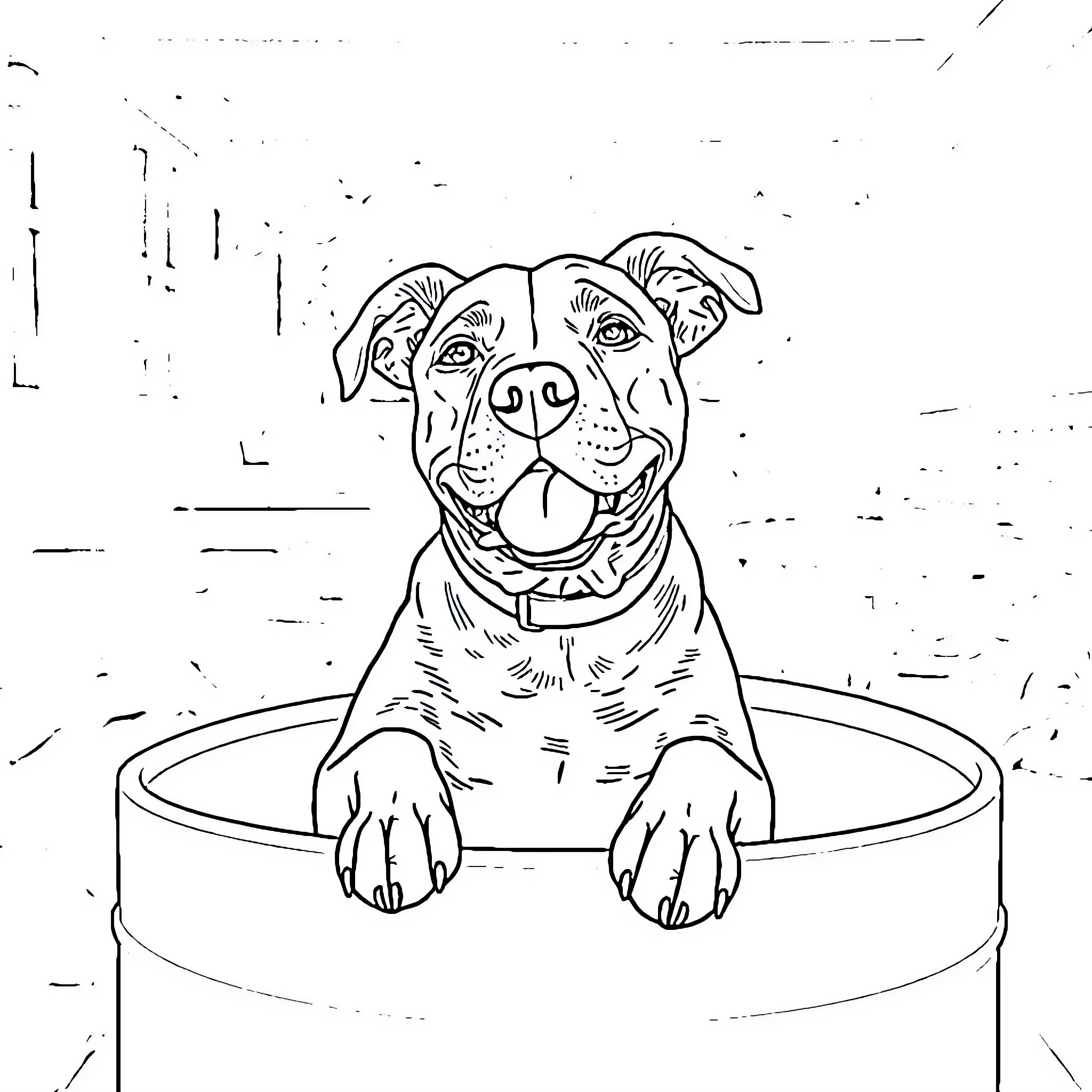 Dog relaxing in a tub Coloring Page (free black-and-white line drawing printable PDF for all, from beginners to advanced learners, including children, teens, adults, and seniors)