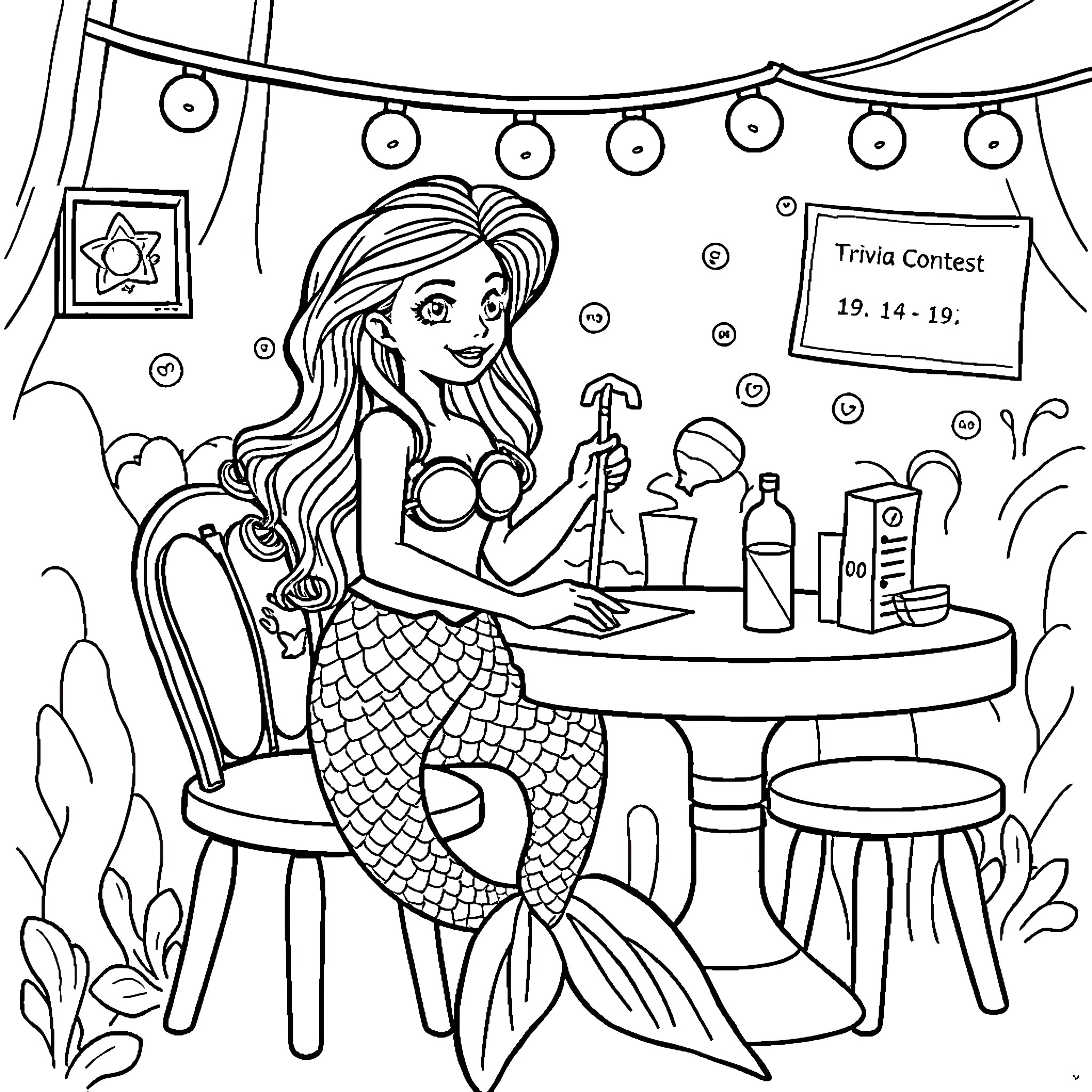 Mermaid participating in trivia contest at a cafe Coloring Page (free black-and-white line drawing printable PDF for all, from beginners to advanced learners, including children, teens, adults, and seniors)