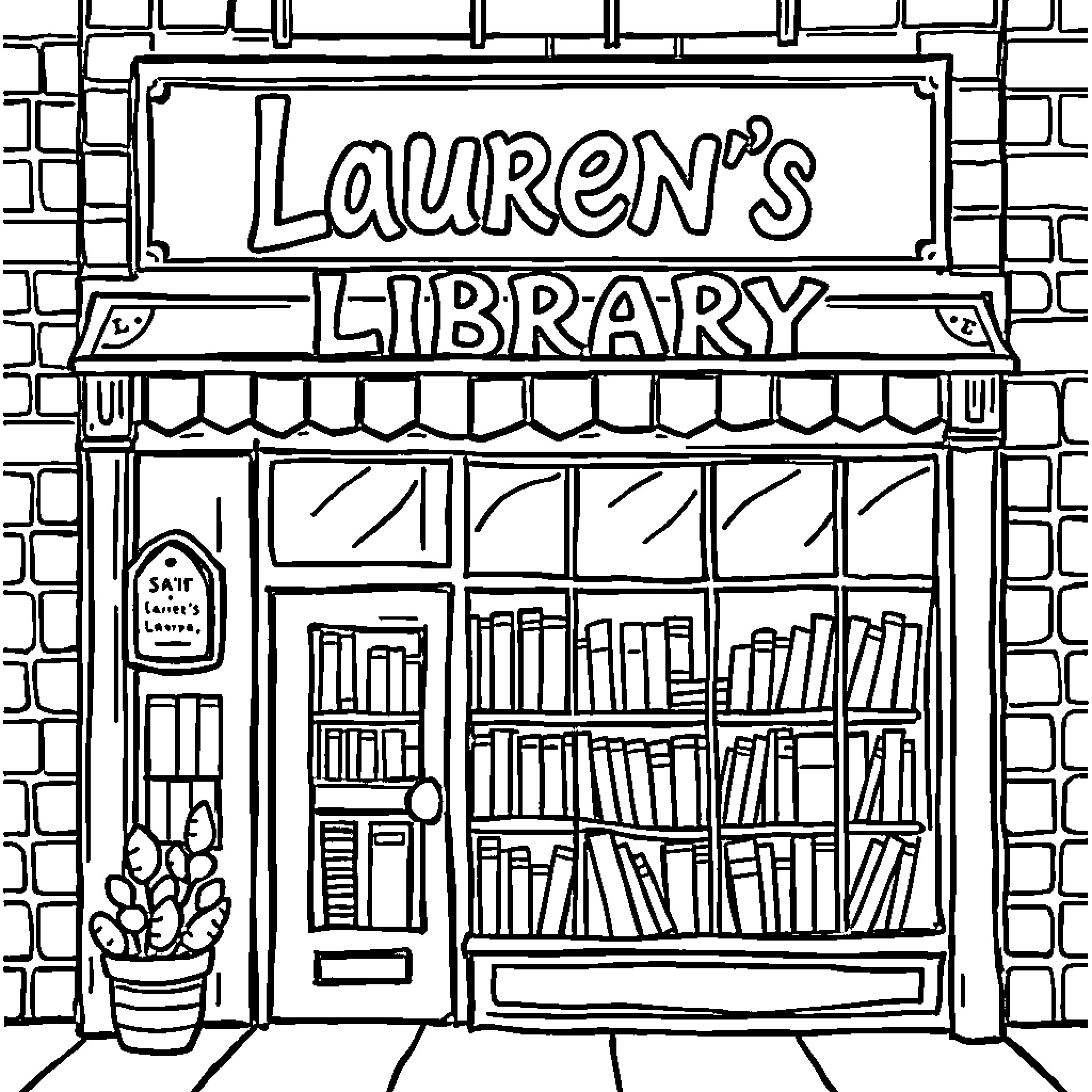 Bookstore with Shelves of Books Coloring Page (free black-and-white line drawing printable PDF for all, from beginners to advanced learners, including children, teens, adults, and seniors)
