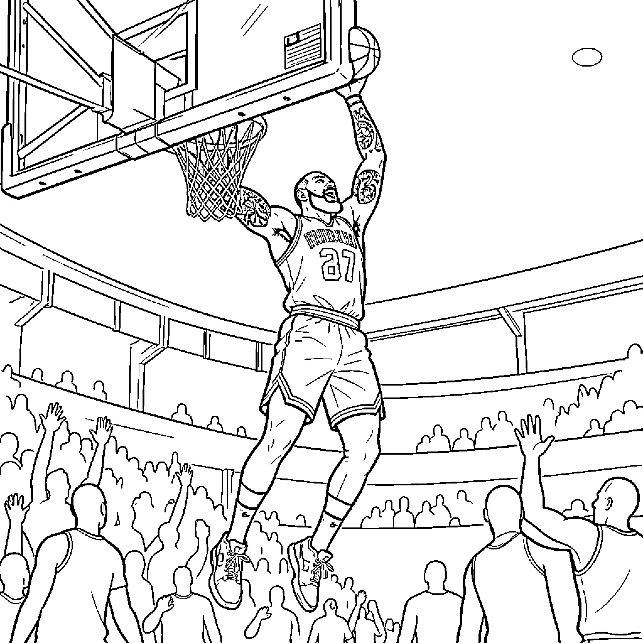 LeBron James performing a powerful slam dunk in an arena Coloring Page (free black-and-white line drawing printable PDF for all, from beginners to advanced learners, including children, teens, adults, and seniors)