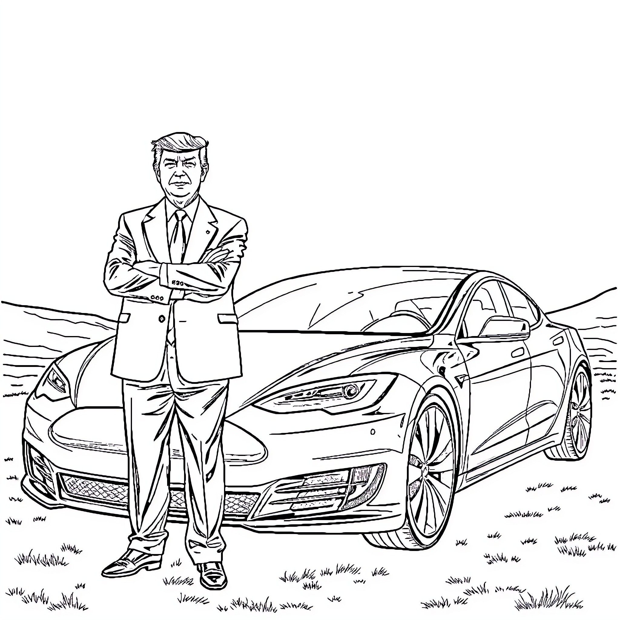Trump posing confidently next to luxury electric vehicle Coloring Page (free black-and-white line drawing printable PDF for all, from beginners to advanced learners, including children, teens, adults, and seniors)