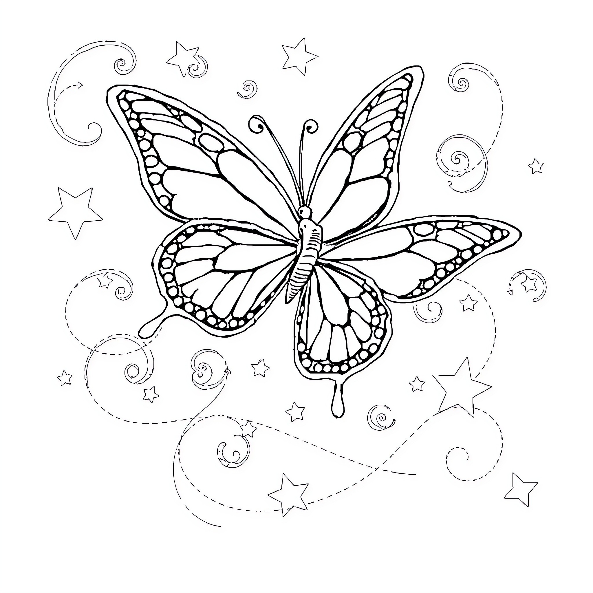 Butterfly Soaring Amidst Whimsical Swirls and Stars Coloring Page (free black-and-white line drawing printable PDF for all, from beginners to advanced learners, including children, teens, adults, and seniors)