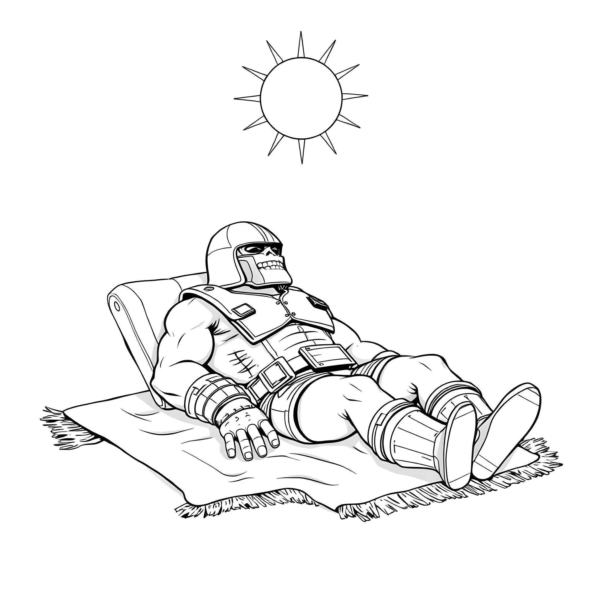 Doomguy relaxing in the sun Coloring Page (free black-and-white line drawing printable PDF for all, from beginners to advanced learners, including children, teens, adults, and seniors)