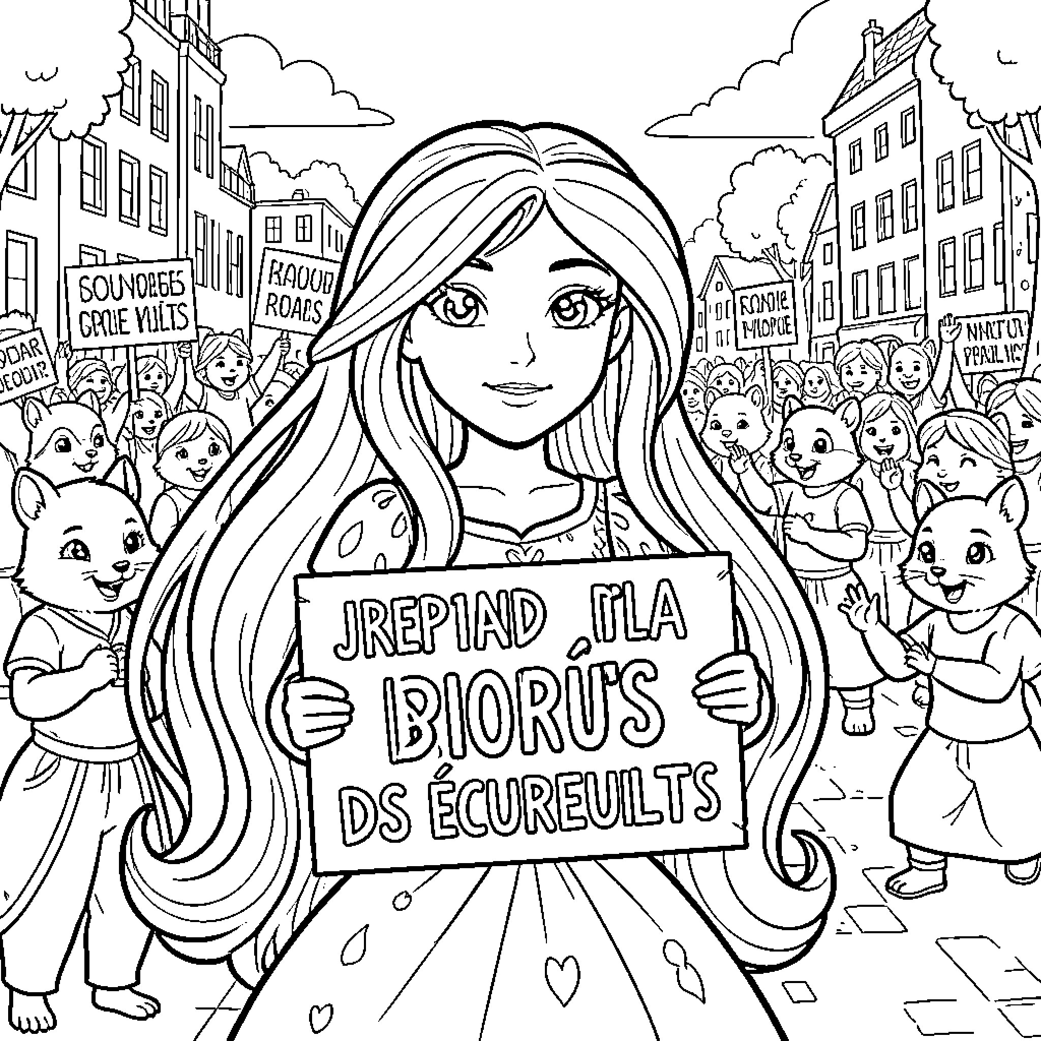 Raiponce Leads Protest for Squirrel Rights Coloring Page (free black-and-white line drawing printable PDF for all, from beginners to advanced learners, including children, teens, adults, and seniors)