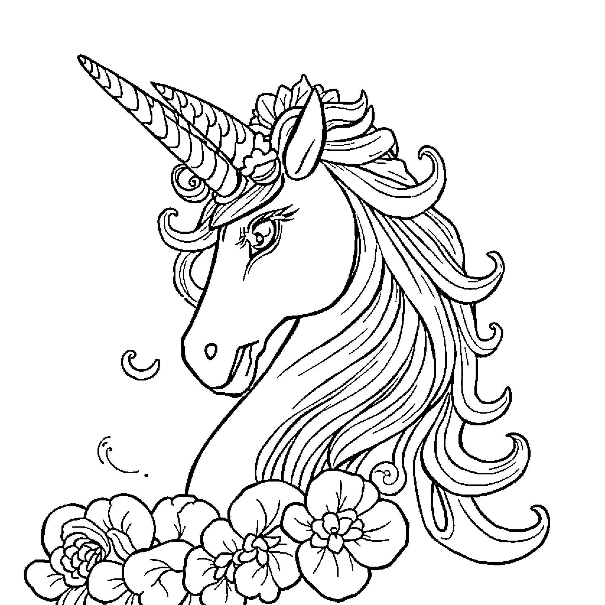 Unicorn with floral crown in whimsical scene Coloring Page (free black-and-white line drawing printable PDF for all, from beginners to advanced learners, including children, teens, adults, and seniors)