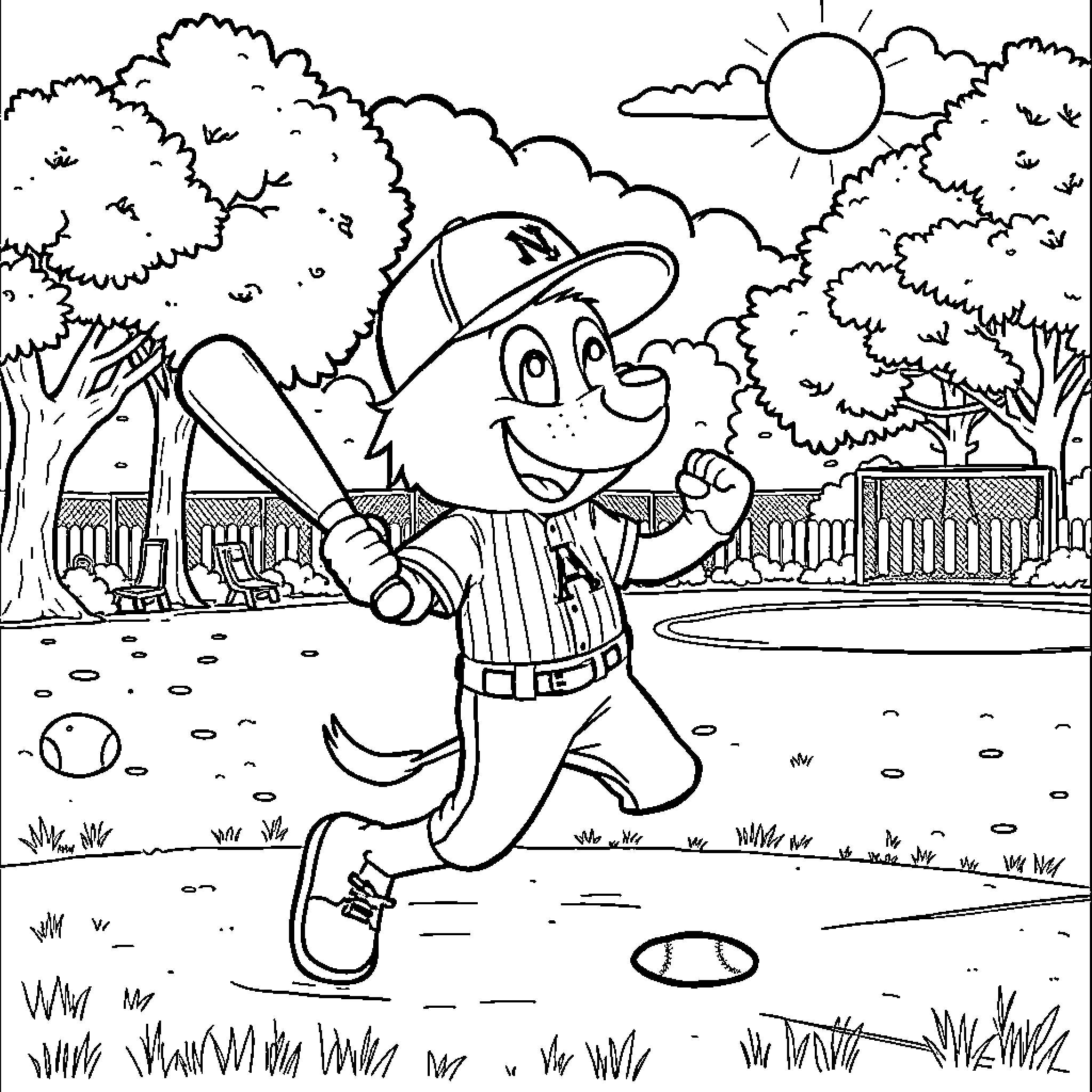 Trallalero playing happily in the park with baseball bat Coloring Page (free black-and-white line drawing printable PDF for all, from beginners to advanced learners, including children, teens, adults, and seniors)