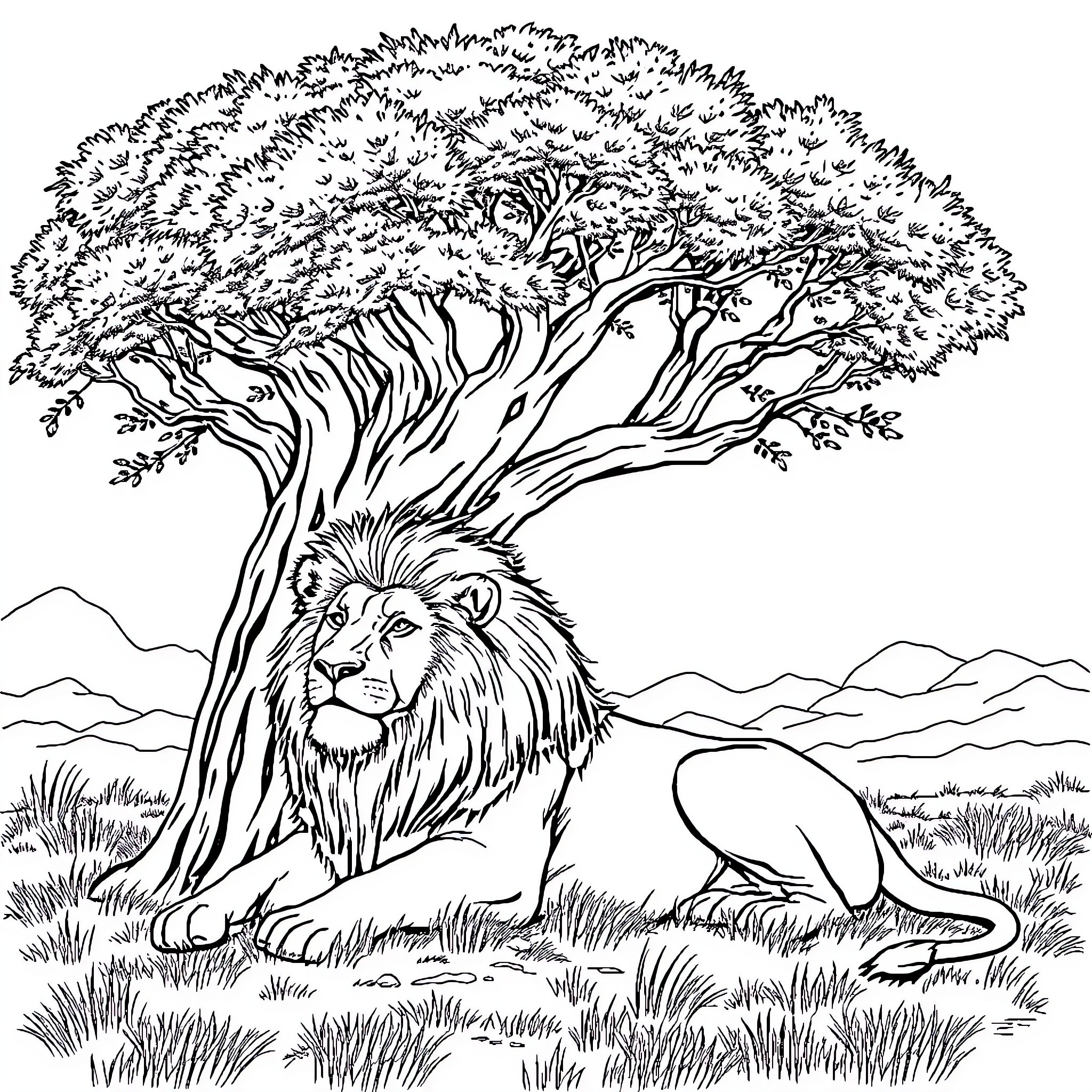 Lion resting under a majestic tree in the savanna Coloring Page (free black-and-white line drawing printable PDF for all, from beginners to advanced learners, including children, teens, adults, and seniors)