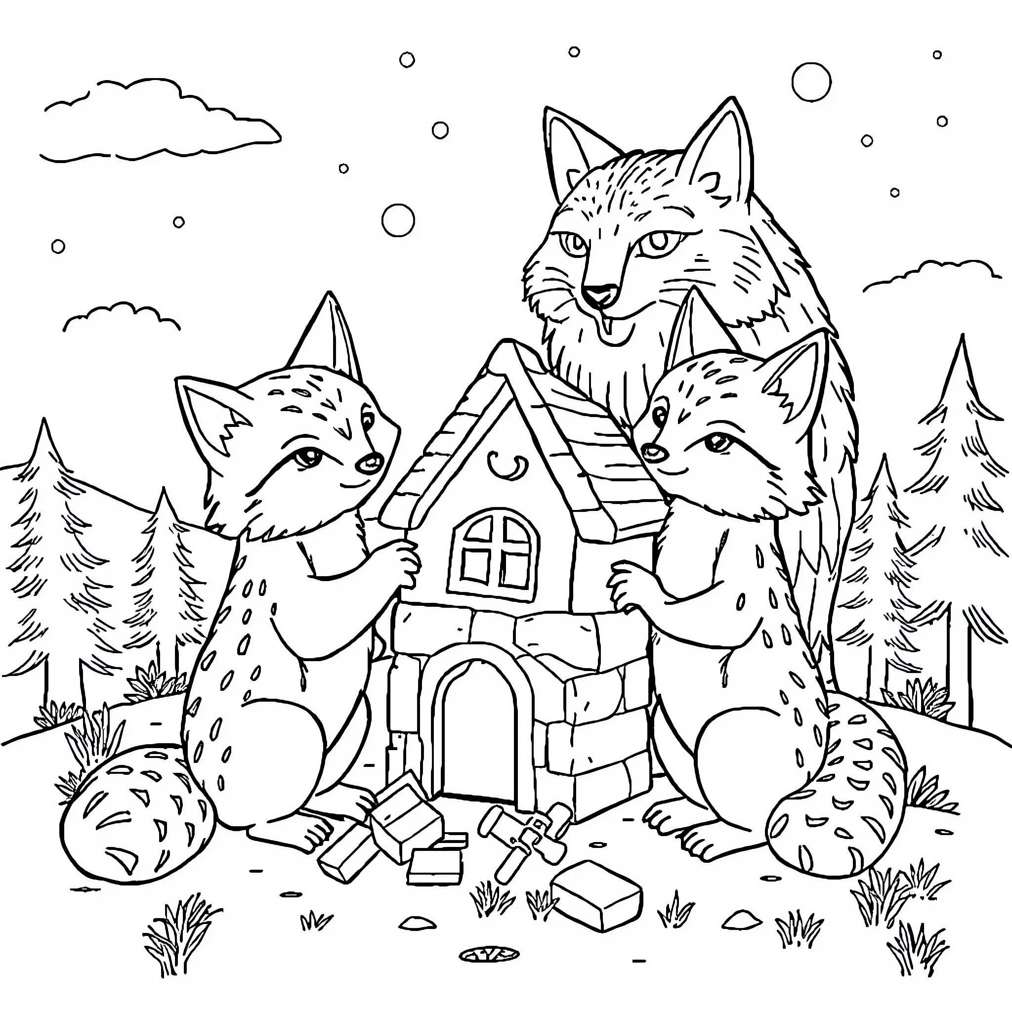 Three Little Pigs Building a Cozy House in the Forest Coloring Page (free black-and-white line drawing printable PDF for all, from beginners to advanced learners, including children, teens, adults, and seniors)