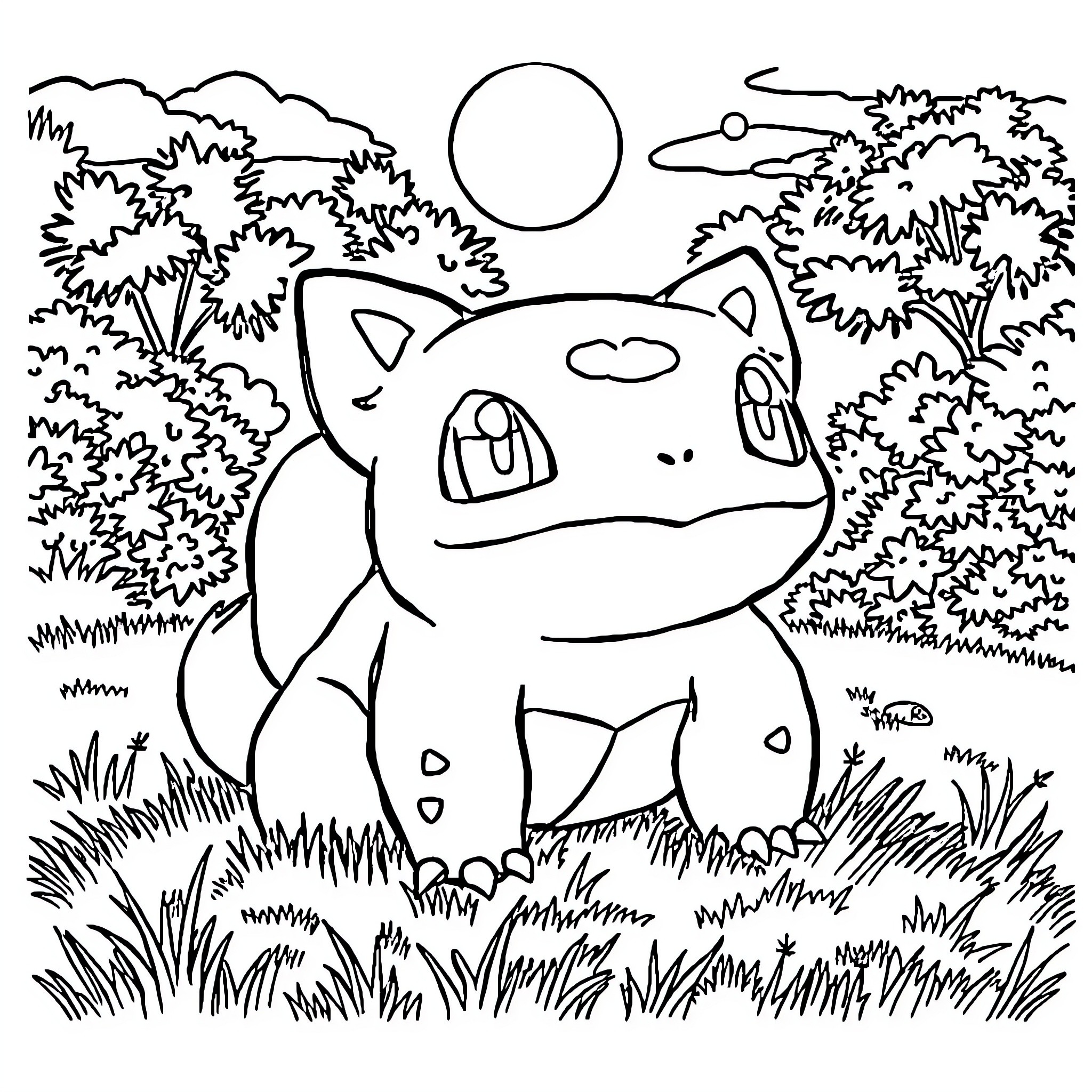 Bulbasaur resting peacefully in the wilderness Coloring Page (free black-and-white line drawing printable PDF for all, from beginners to advanced learners, including children, teens, adults, and seniors)