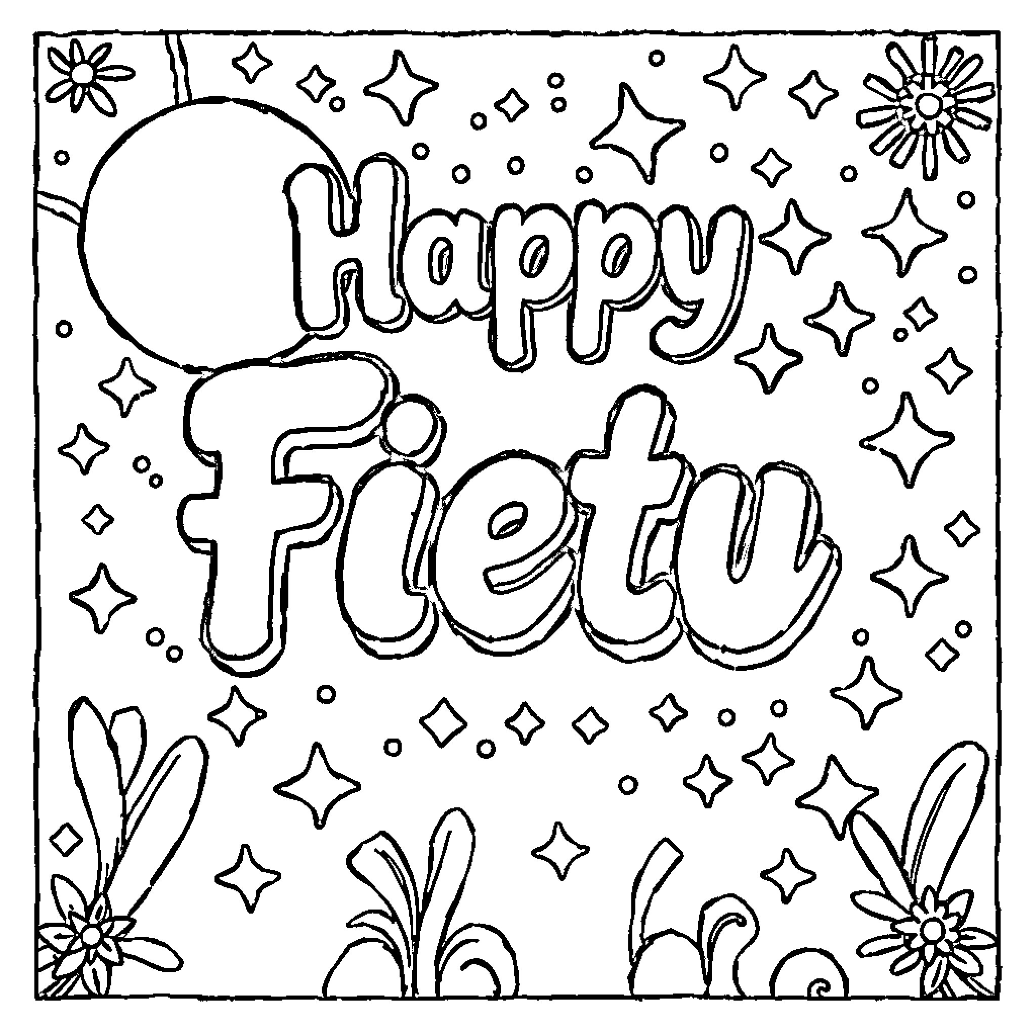 Nombreblocks Celebrating Happy Fiesta with Sparkles and Flowers Coloring Page (free black-and-white line drawing printable PDF for all, from beginners to advanced learners, including children, teens, adults, and seniors)