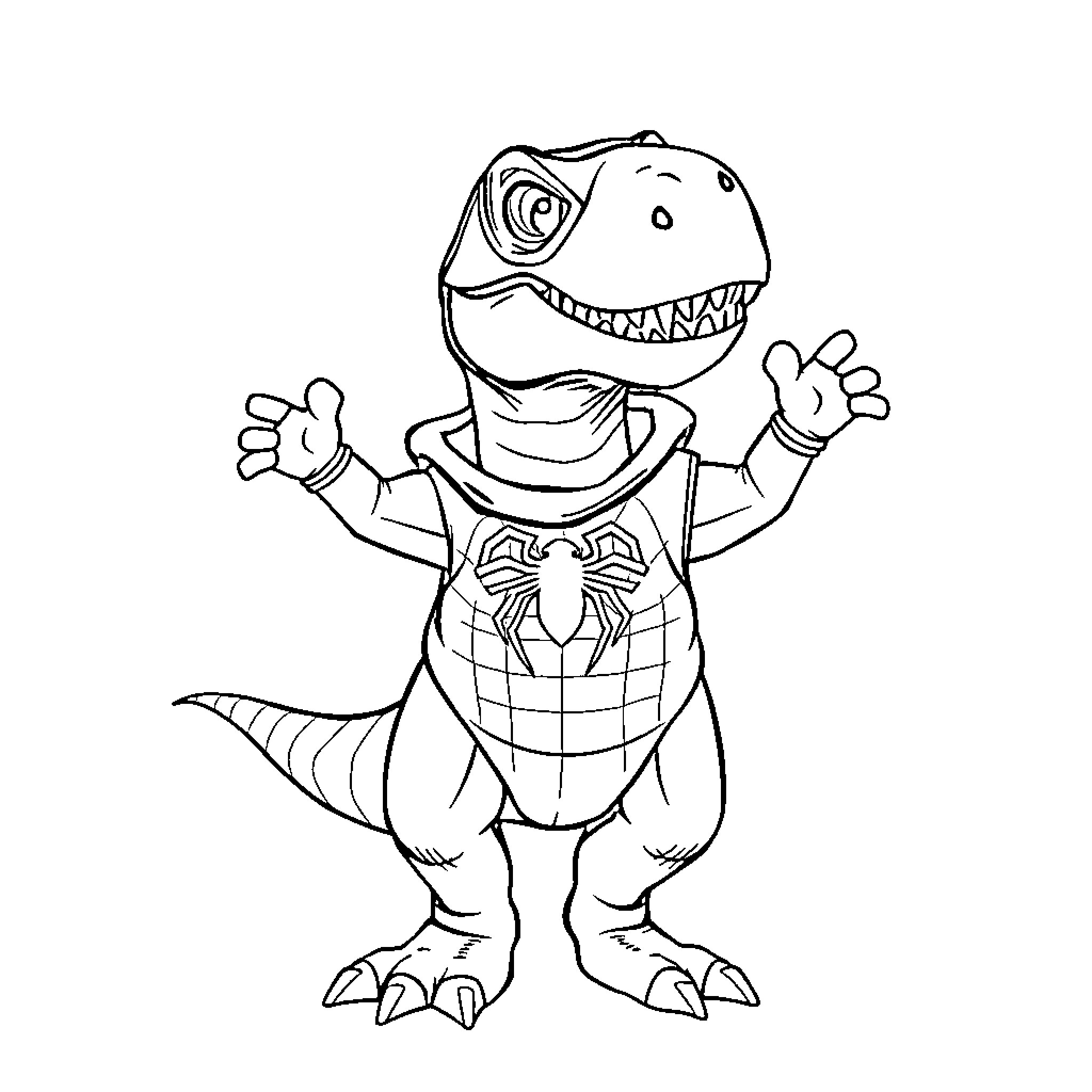 T-Rex in Superhero Costume Coloring Page (free black-and-white line drawing printable PDF for all, from beginners to advanced learners, including children, teens, adults, and seniors)