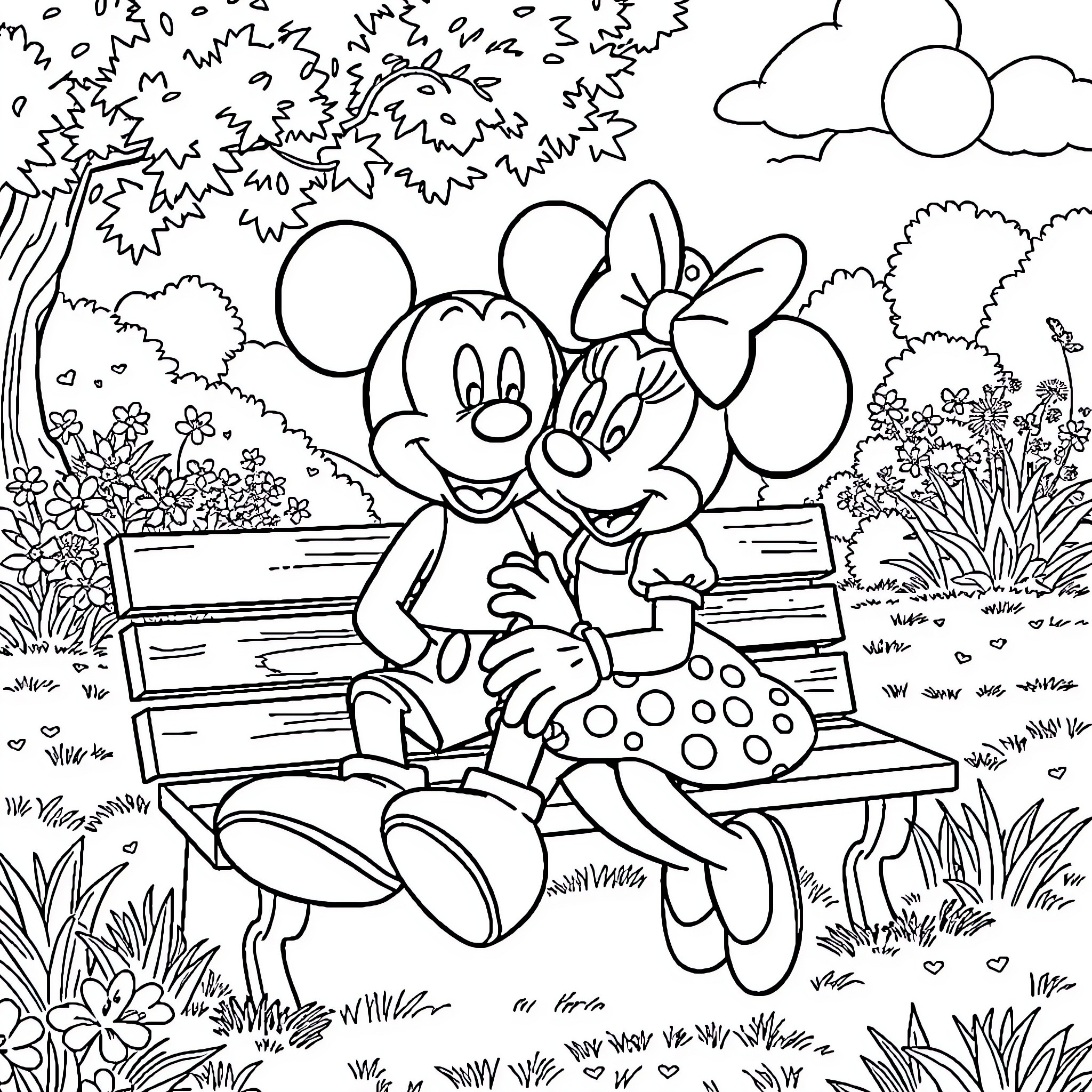 Mickey Mouse and Minnie Mouse enjoying a relaxing park scene Coloring Page (free black-and-white line drawing printable PDF for all, from beginners to advanced learners, including children, teens, adults, and seniors)