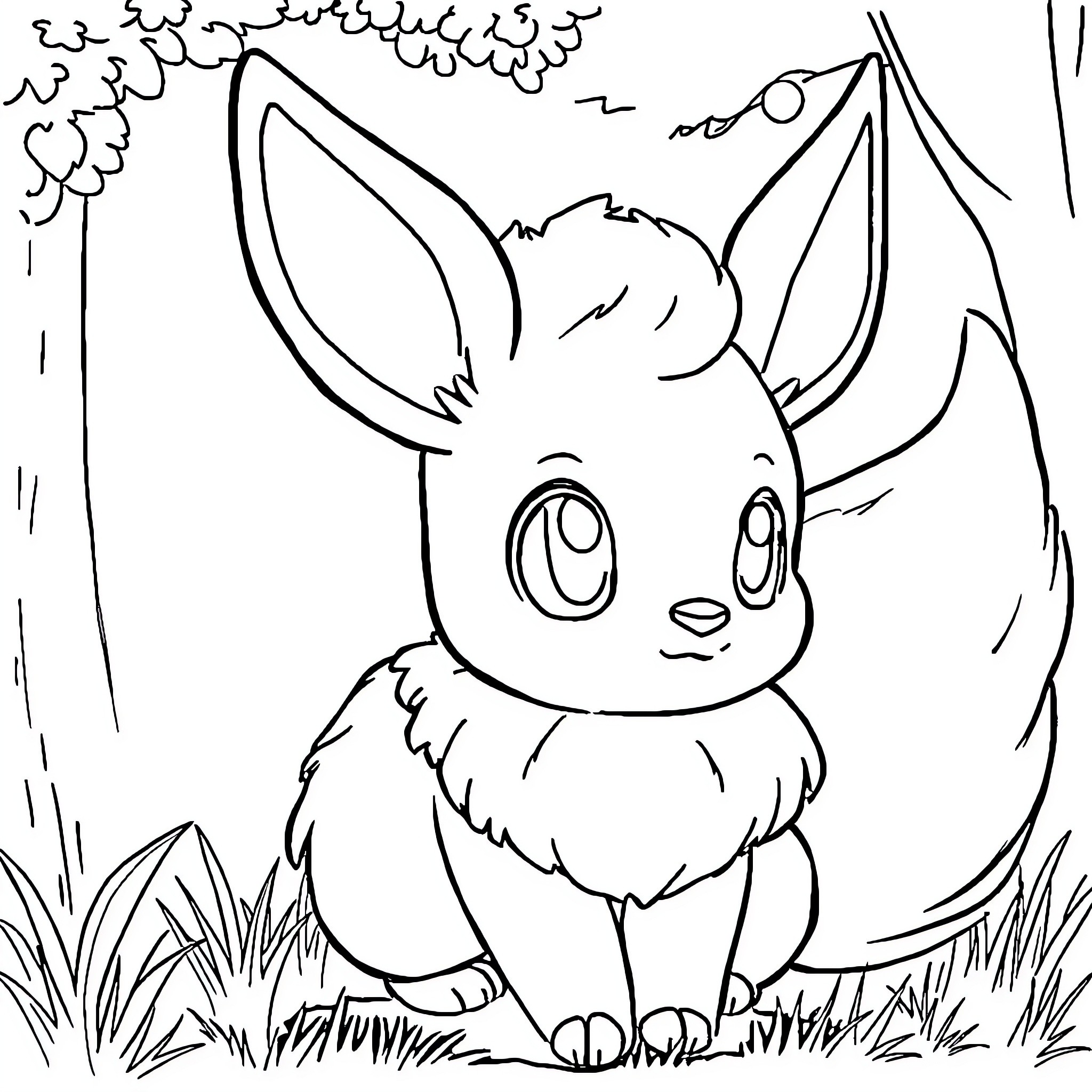 Eevee explores the enchanting forest Coloring Page (free black-and-white line drawing printable PDF for all, from beginners to advanced learners, including children, teens, adults, and seniors)