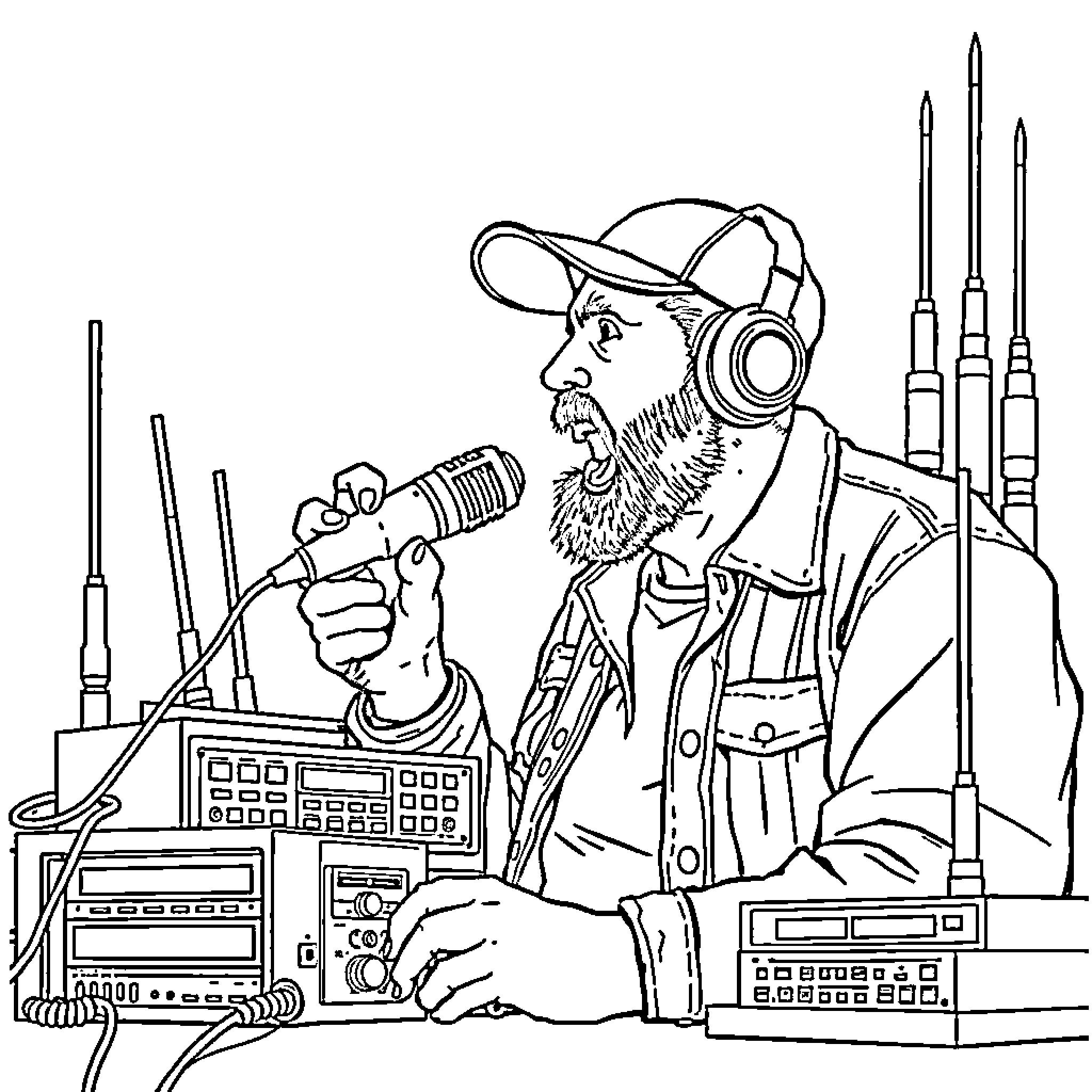 Ham Radio Enthusiast Broadcasting with Headphones Coloring Page (free black-and-white line drawing printable PDF for all, from beginners to advanced learners, including children, teens, adults, and seniors)