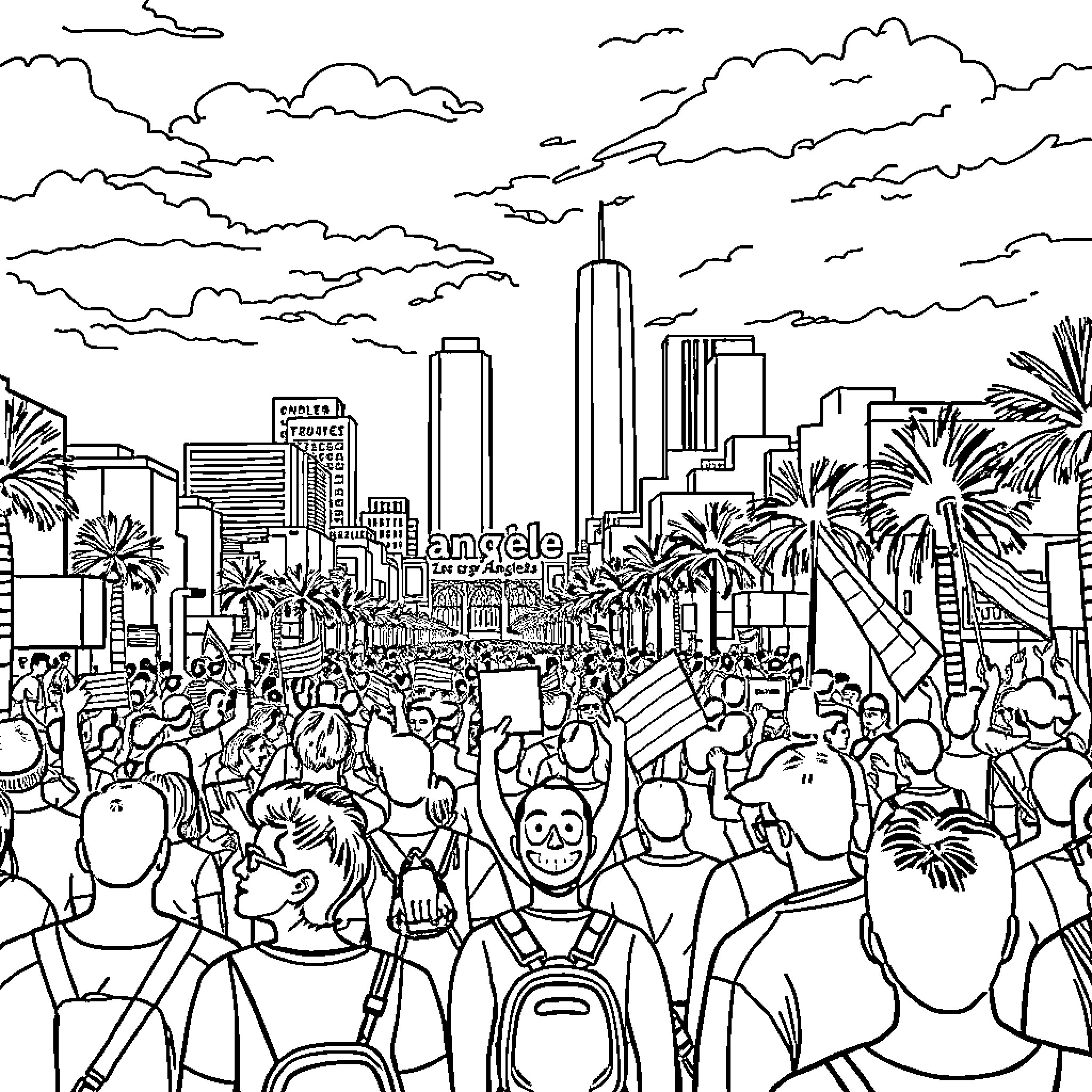 Los Angeles cityscape with bustling crowd Coloring Page (free black-and-white line drawing printable PDF for all, from beginners to advanced learners, including children, teens, adults, and seniors)