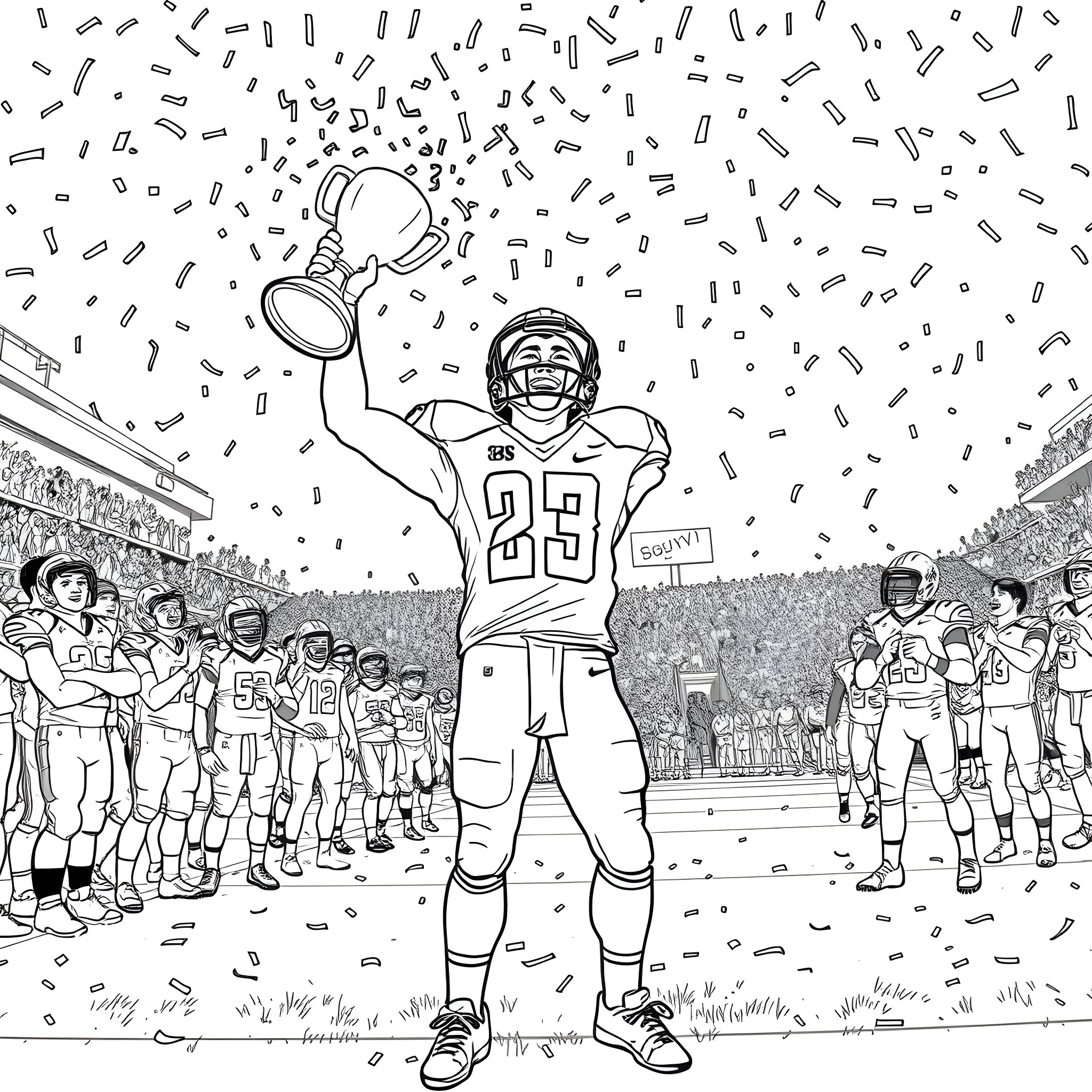 Brock Purdue celebrates on the field after a big win Coloring Page (free black-and-white line drawing printable PDF for all, from beginners to advanced learners, including children, teens, adults, and seniors)