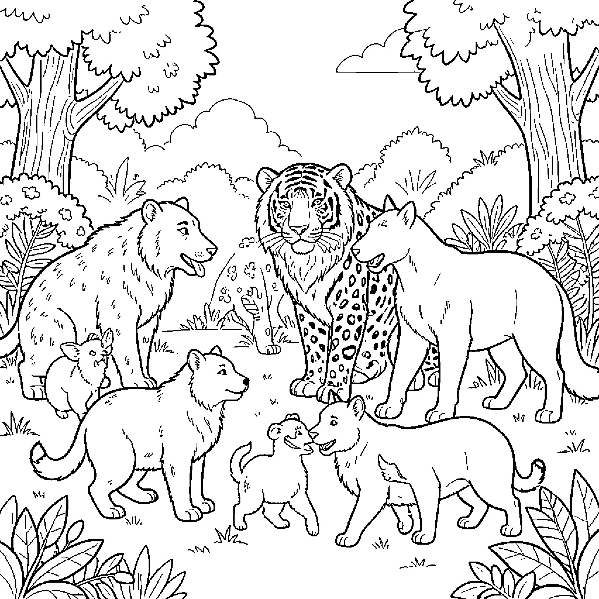 Animal family gathering together in a lush jungle Coloring Page (free black-and-white line drawing printable PDF for all, from beginners to advanced learners, including children, teens, adults, and seniors)
