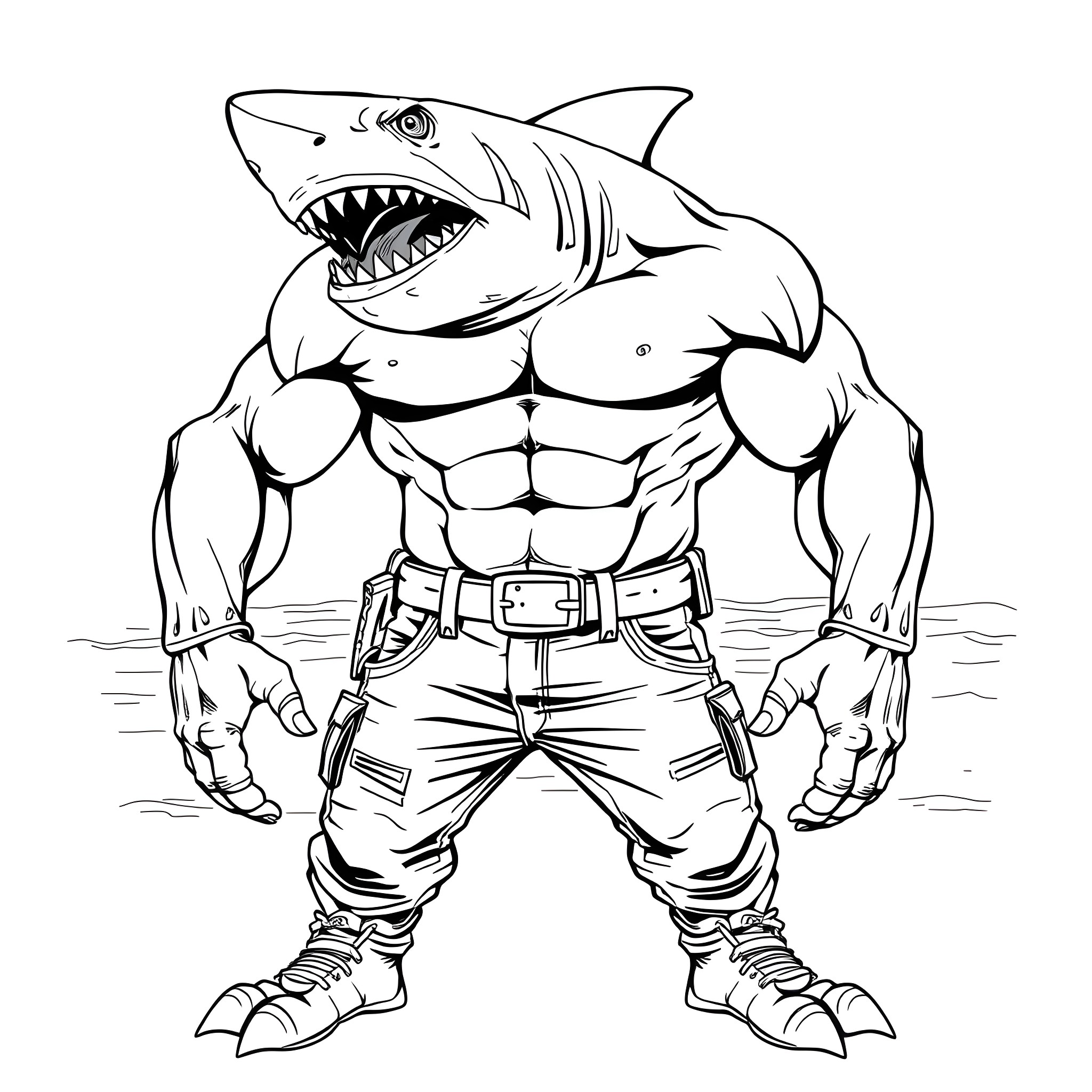 Shark-themed muscular fighter in action pose Coloring Page (free black-and-white line drawing printable PDF for all, from beginners to advanced learners, including children, teens, adults, and seniors)