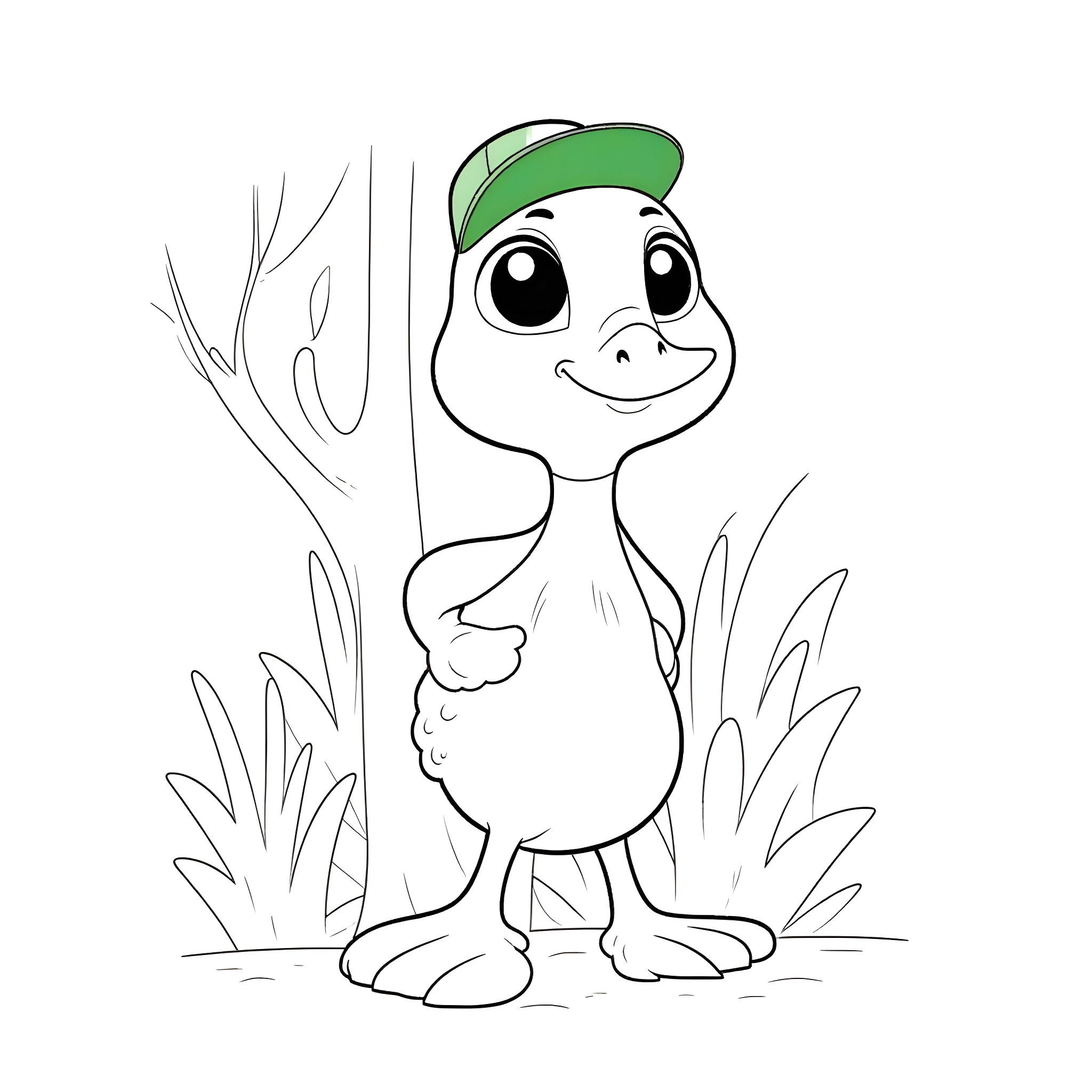 Platypus wearing a green cap in nature Coloring Page (free black-and-white line drawing printable PDF for all, from beginners to advanced learners, including children, teens, adults, and seniors)