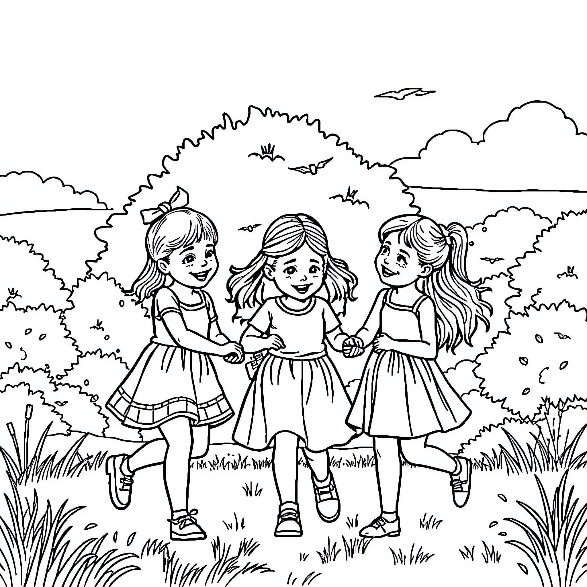 Sister Trio's Joyful Outing in the Countryside Coloring Page (free black-and-white line drawing printable PDF for all, from beginners to advanced learners, including children, teens, adults, and seniors)