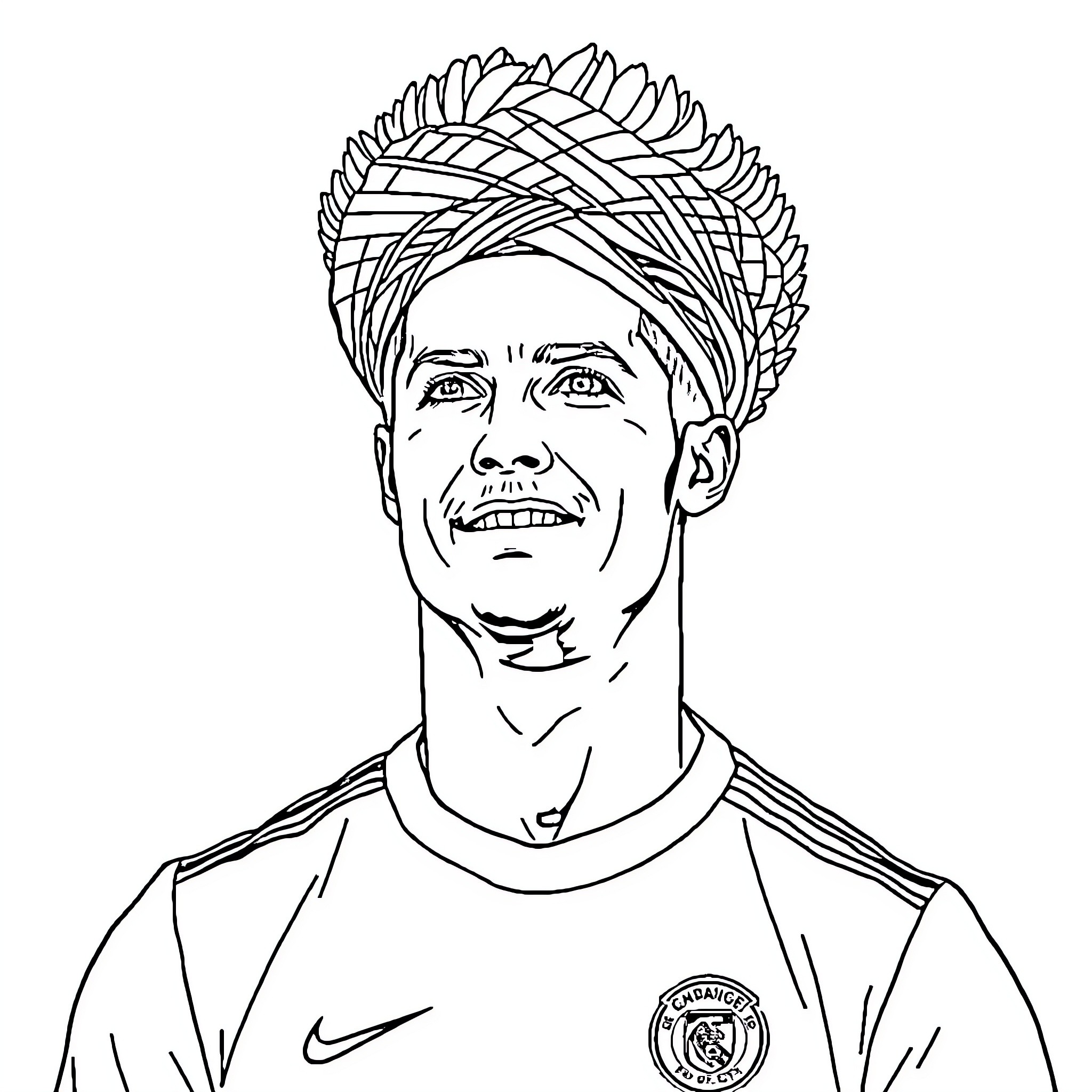 Cristiano Ronaldo in soccer uniform and headdress Coloring Page (free black-and-white line drawing printable PDF for all, from beginners to advanced learners, including children, teens, adults, and seniors)