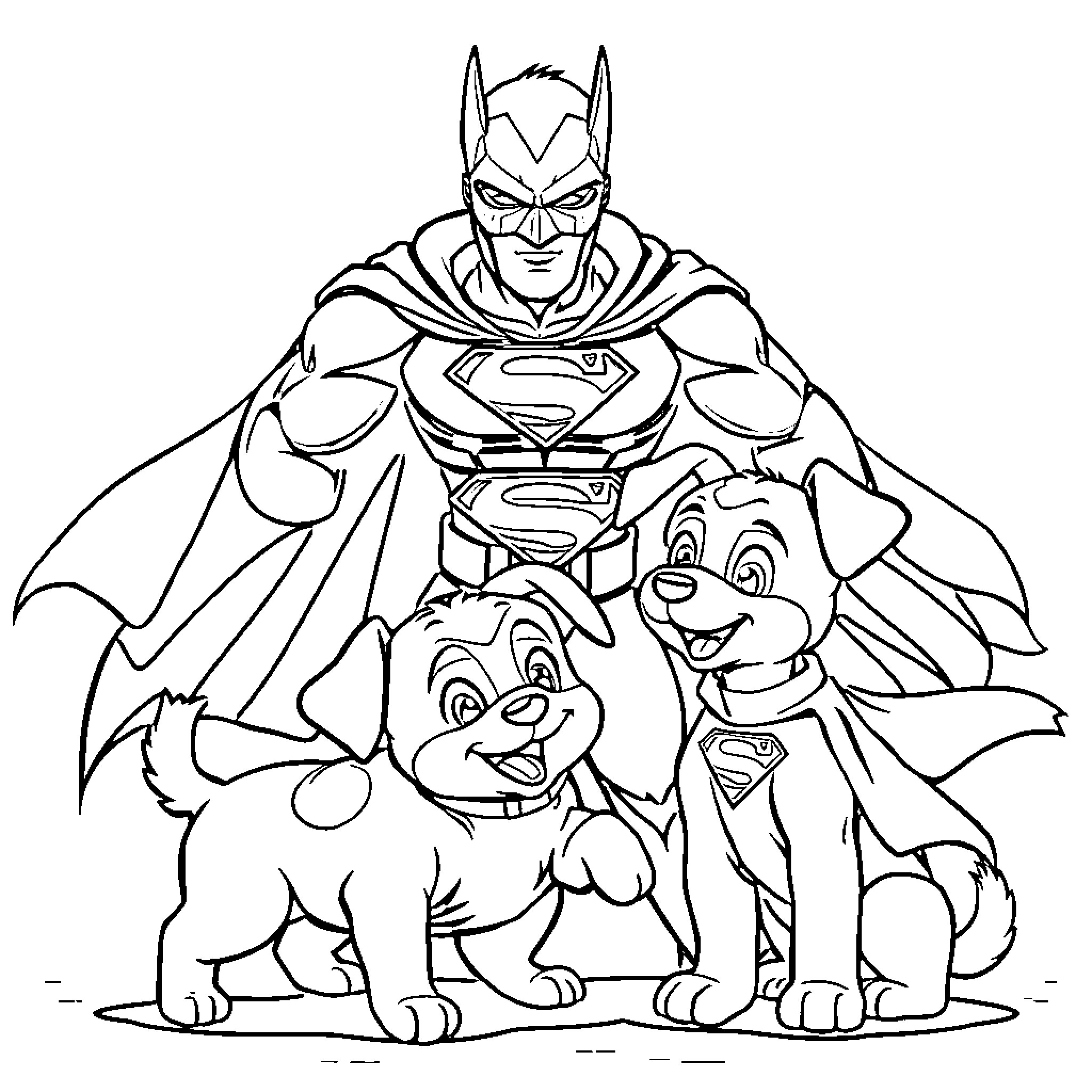 Bluey's superhero adventure with animal friends Coloring Page (free black-and-white line drawing printable PDF for all, from beginners to advanced learners, including children, teens, adults, and seniors)
