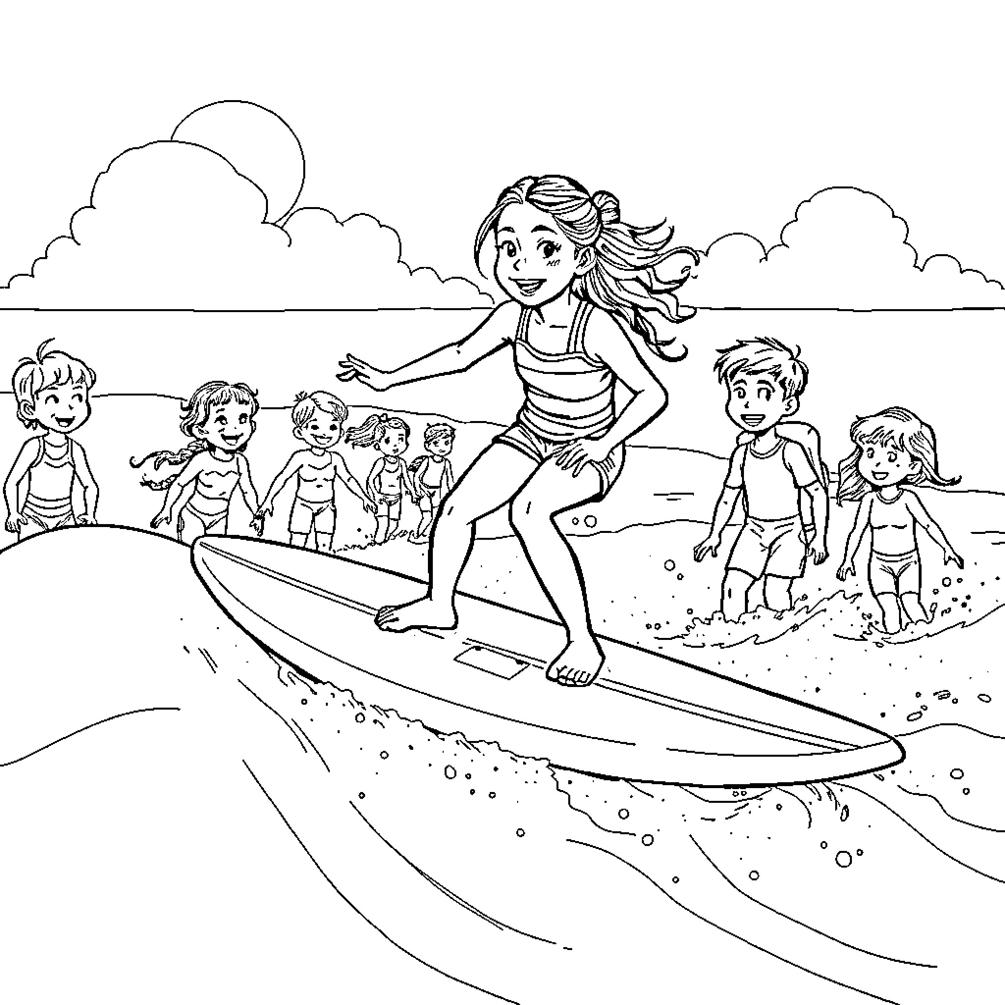Surfboard fun with friends at the beach Coloring Page (free black-and-white line drawing printable PDF for all, from beginners to advanced learners, including children, teens, adults, and seniors)