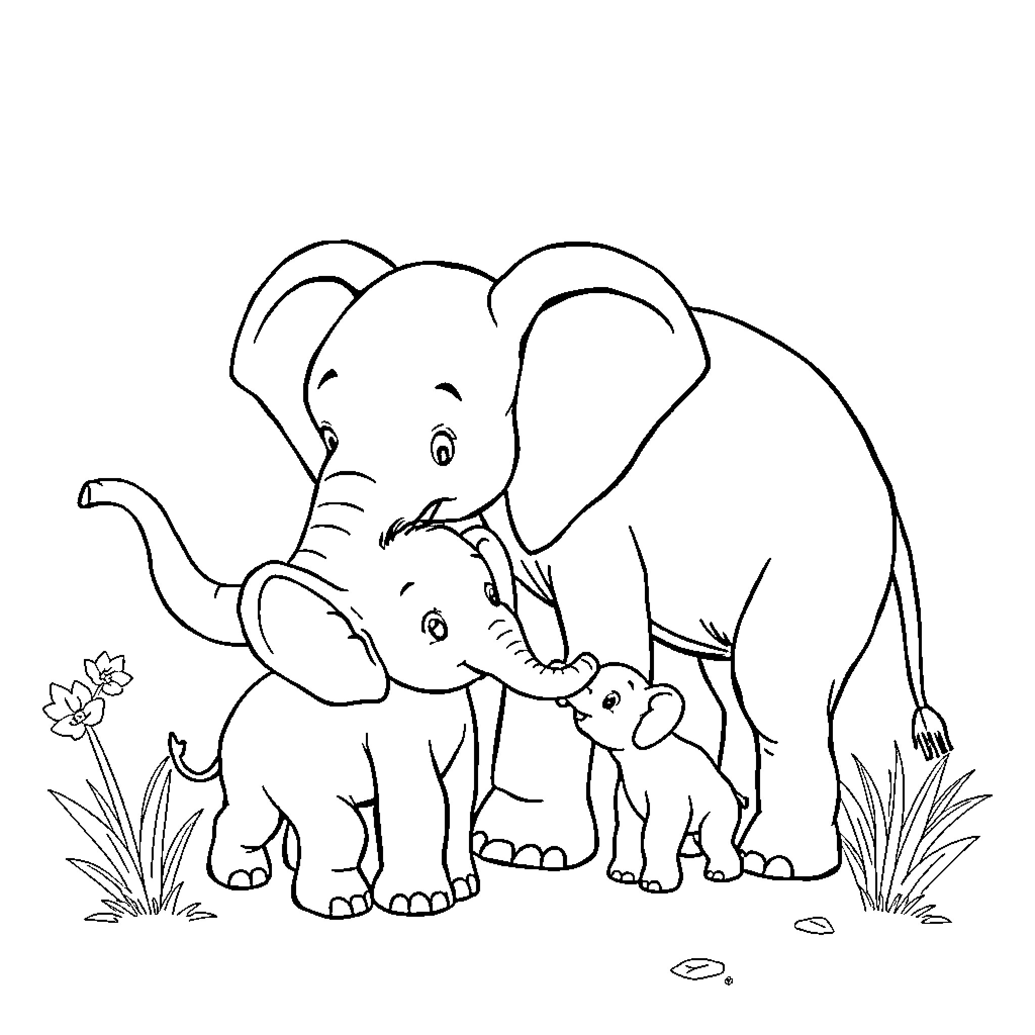 Elephant family in nature Coloring Page (free black-and-white line drawing printable PDF for all, from beginners to advanced learners, including children, teens, adults, and seniors)