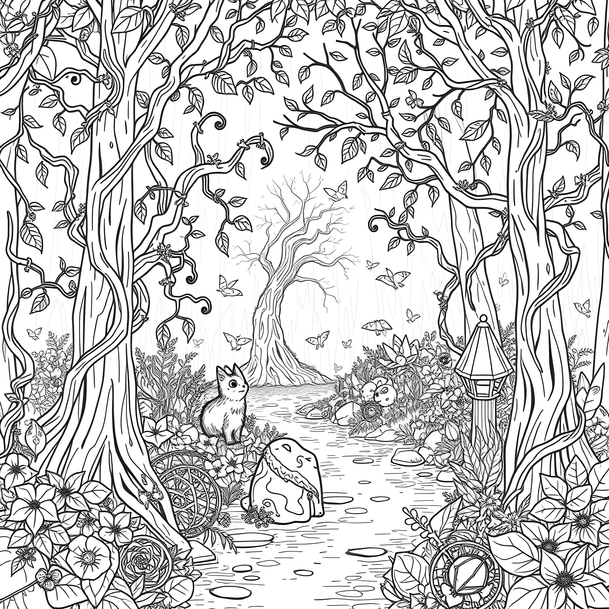 Forest Scene with Whimsical Creatures and Foliage Coloring Page (free black-and-white line drawing printable PDF for all, from beginners to advanced learners, including children, teens, adults, and seniors)