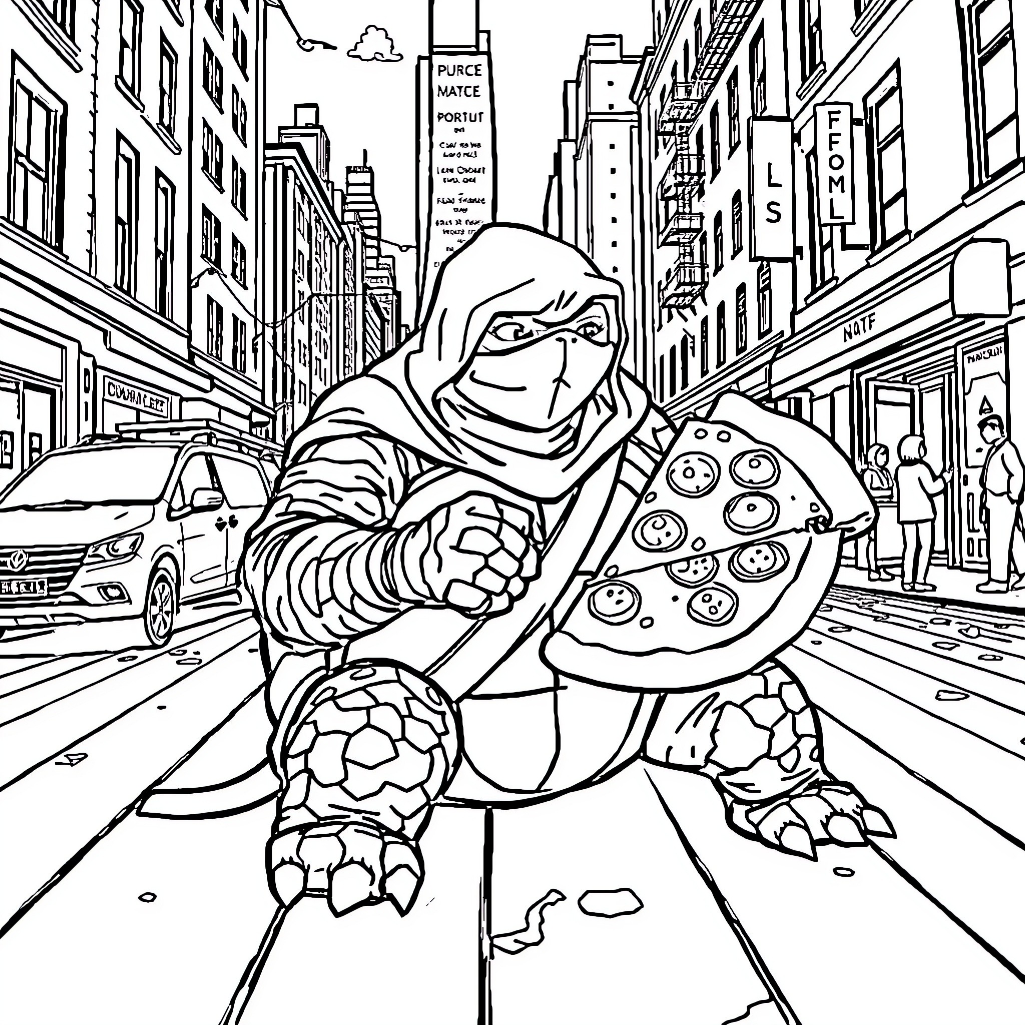 Ninja Turtle Enjoying a Slice of Pizza on the City Streets Coloring Page (free black-and-white line drawing printable PDF for all, from beginners to advanced learners, including children, teens, adults, and seniors)