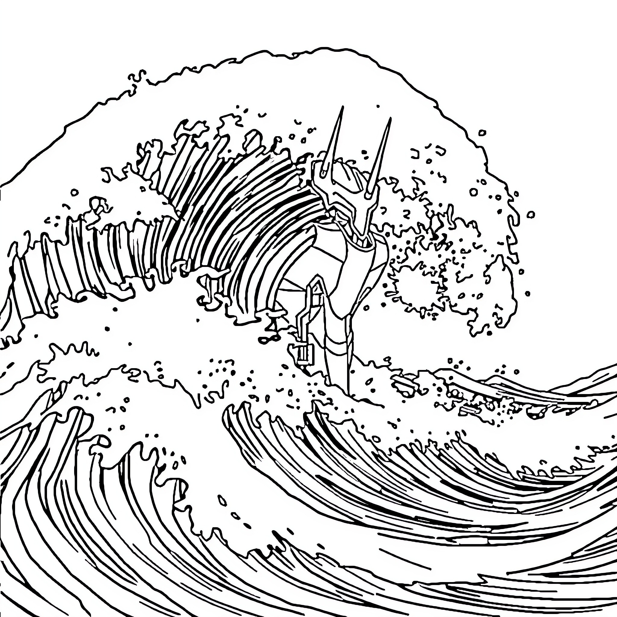 Eva-01 riding the giant wave Coloring Page (free black-and-white line drawing printable PDF for all, from beginners to advanced learners, including children, teens, adults, and seniors)