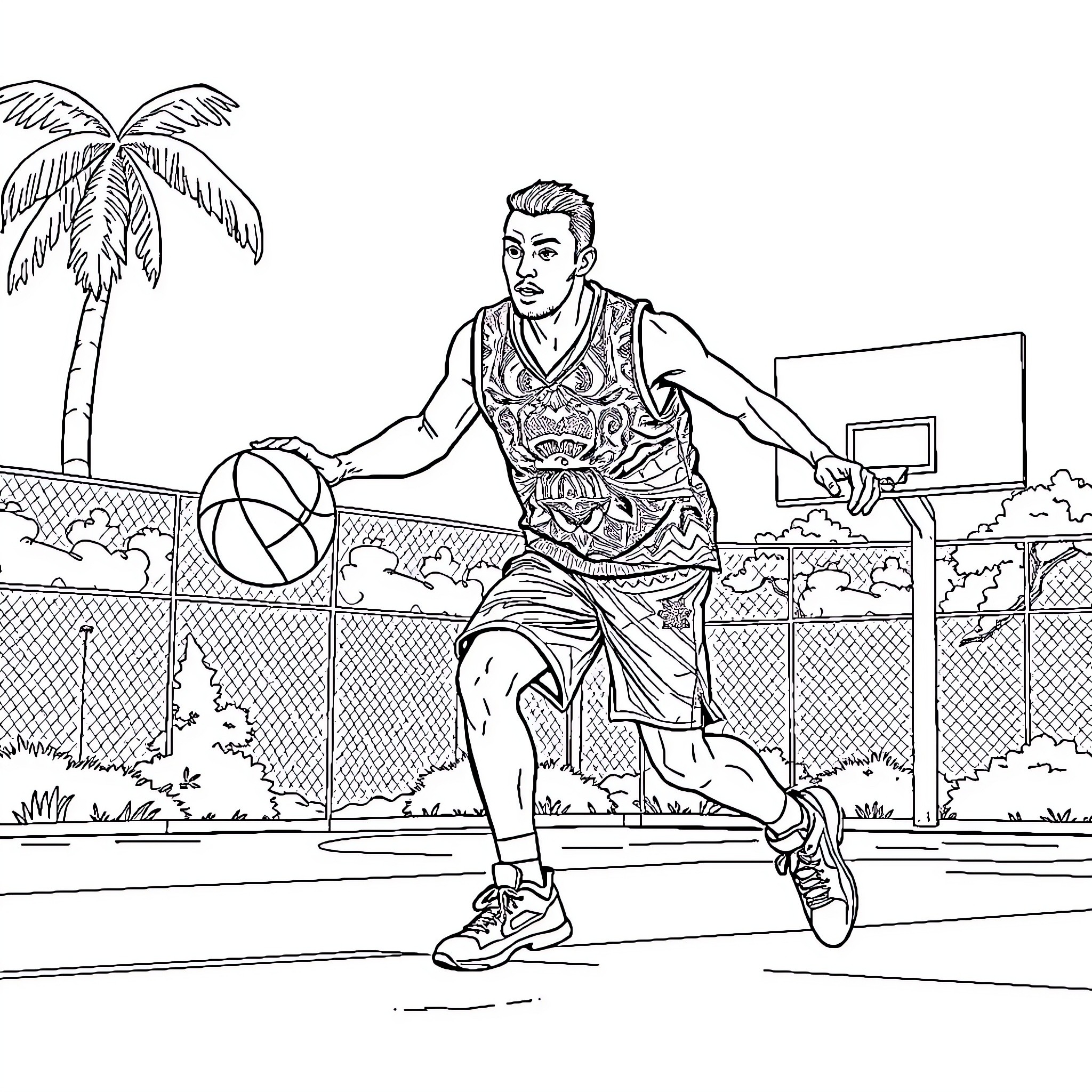 Guy playing basketball on outdoor court Coloring Page (free black-and-white line drawing printable PDF for all, from beginners to advanced learners, including children, teens, adults, and seniors)
