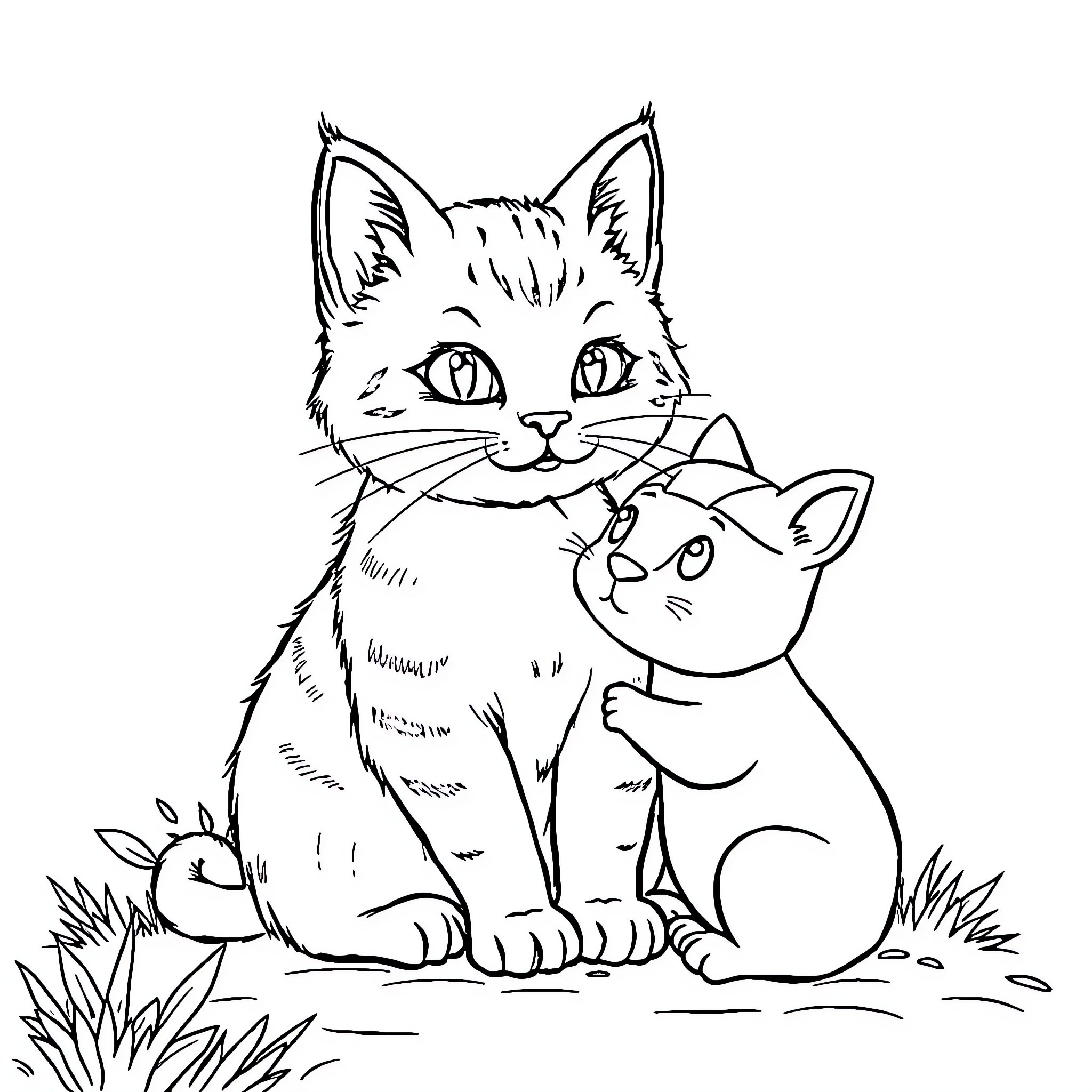 Kattunge and her Adorable Kitten in Nature Coloring Page (free black-and-white line drawing printable PDF for all, from beginners to advanced learners, including children, teens, adults, and seniors)
