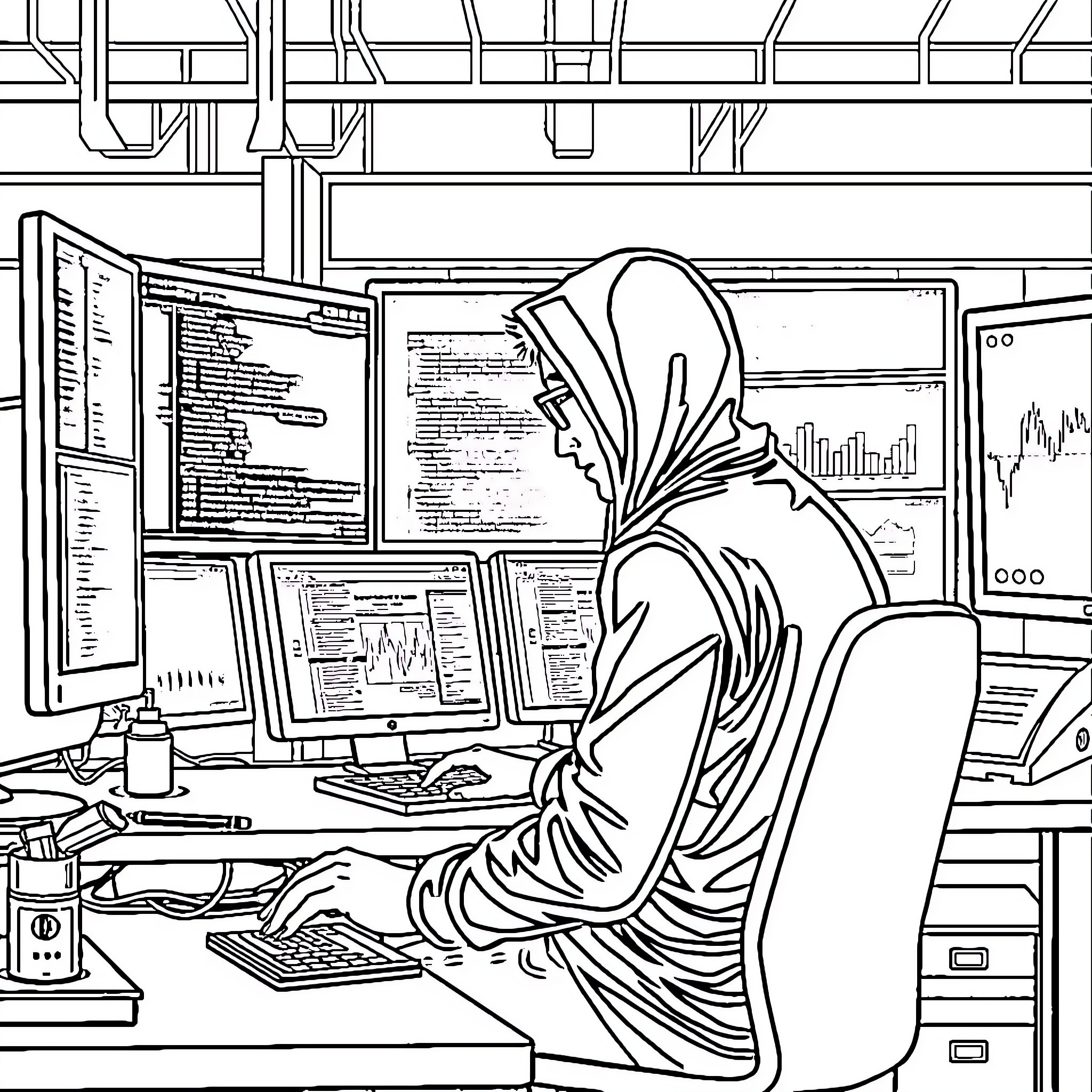 Hacker working intently on multiple computer screens Coloring Page (free black-and-white line drawing printable PDF for all, from beginners to advanced learners, including children, teens, adults, and seniors)
