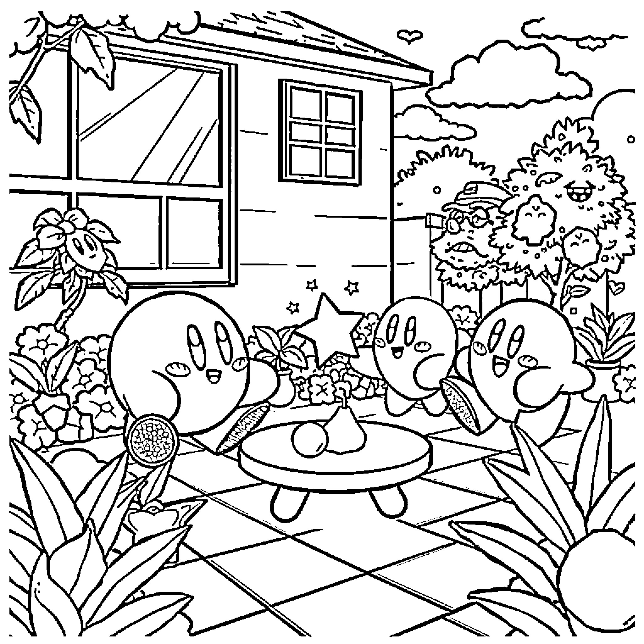 Kirby having a picnic in the garden Coloring Page (free black-and-white line drawing printable PDF for all, from beginners to advanced learners, including children, teens, adults, and seniors)